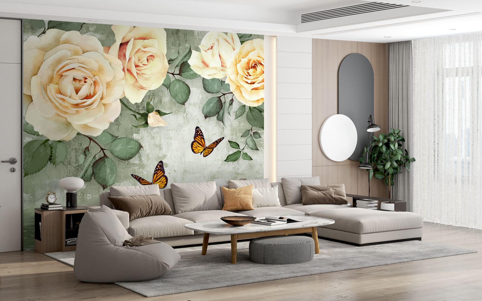 Фотошпалери кремові троянди з метеликами поруч