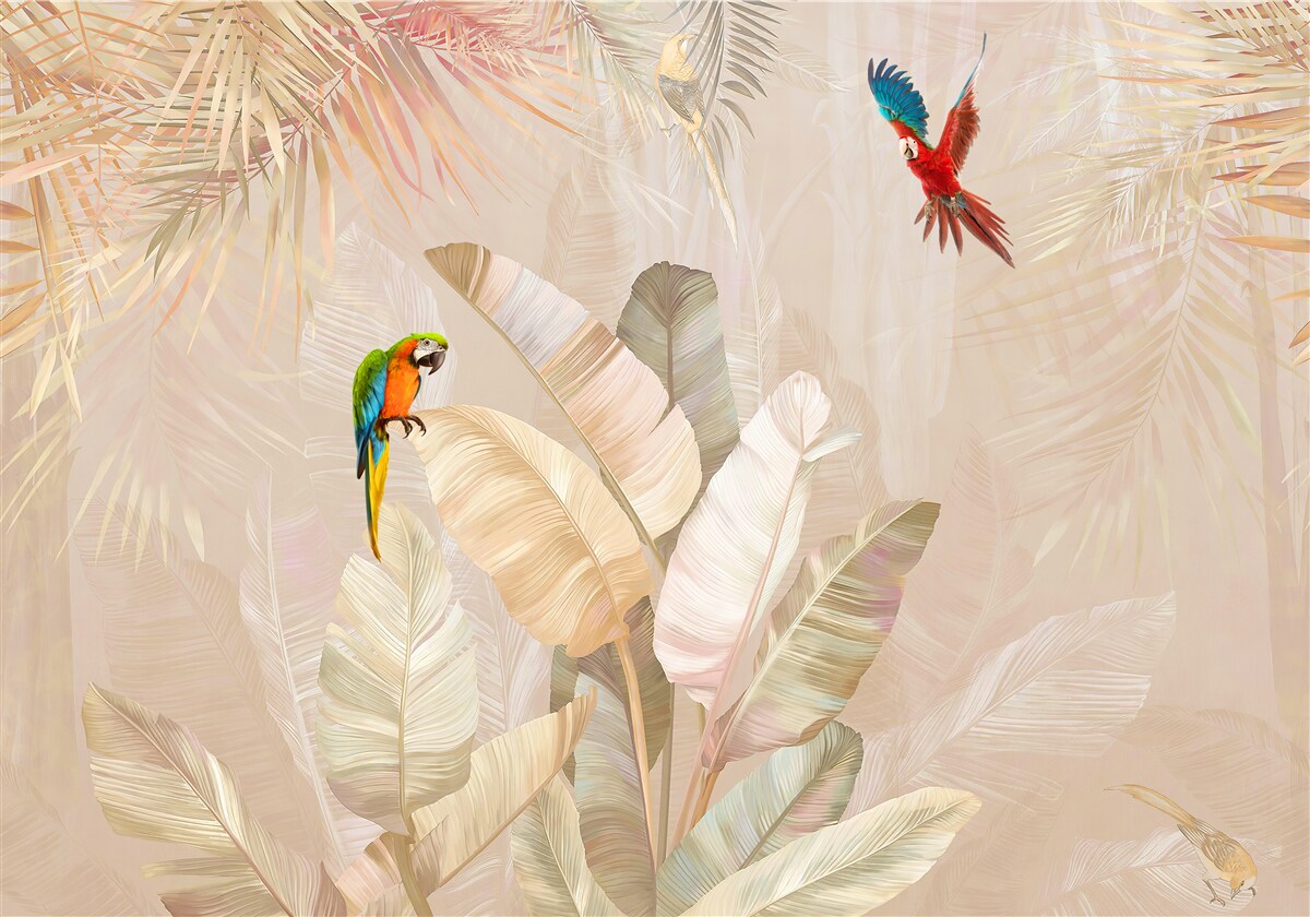 Фотошпалери яскрава папороть слугує укриттям для папуг