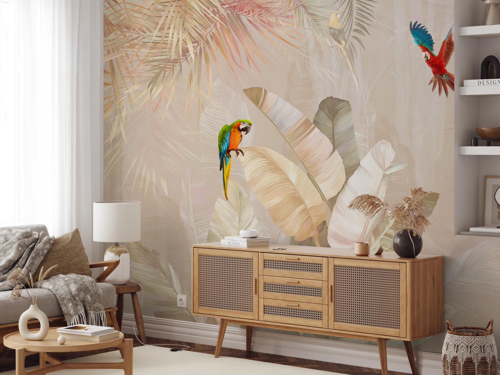 Фотошпалери яскрава папороть слугує укриттям для папуг