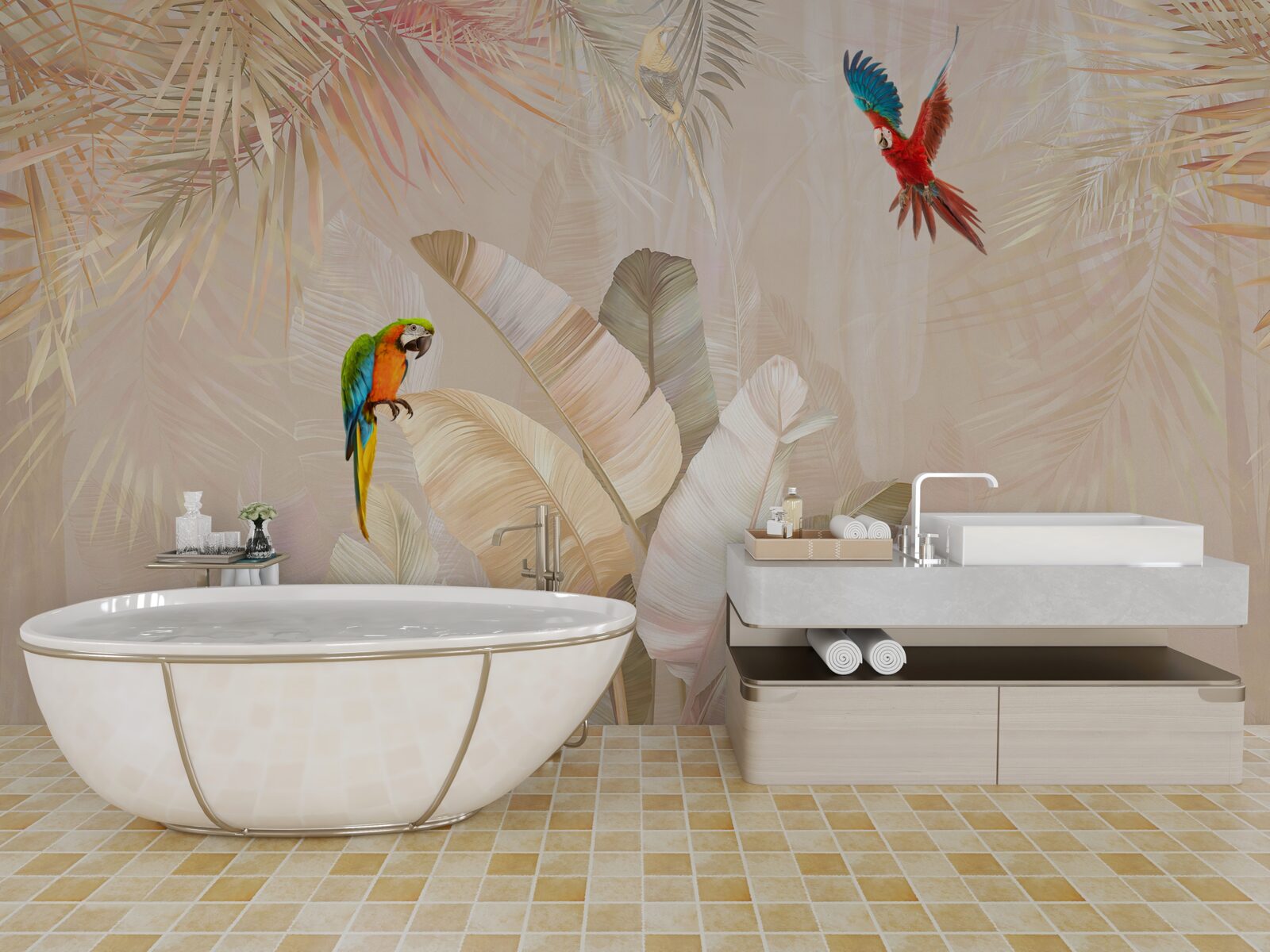 Фотошпалери яскрава папороть слугує укриттям для папуг