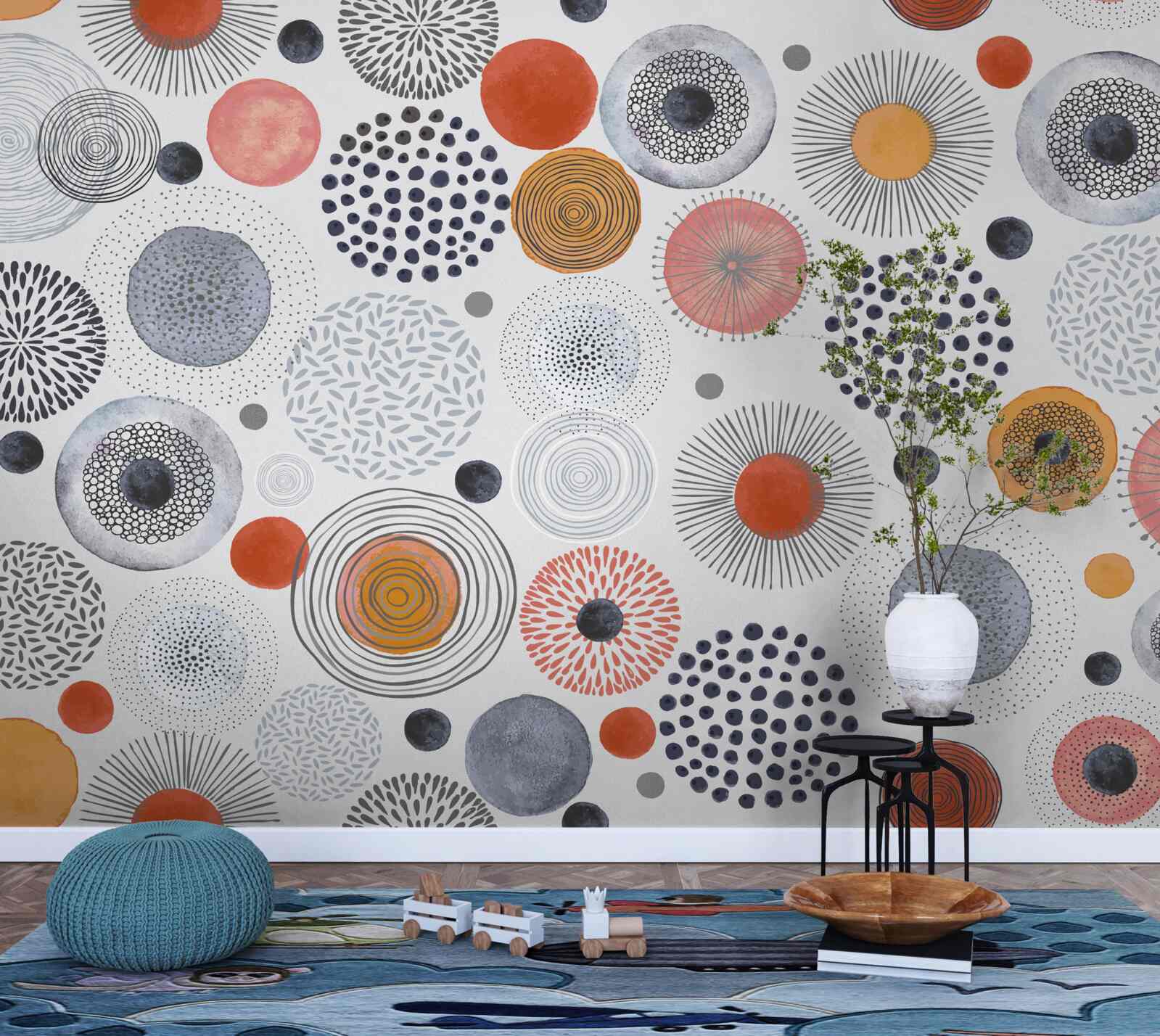 Фотошпалери кольорові килими, що контрастують із сірим кольором