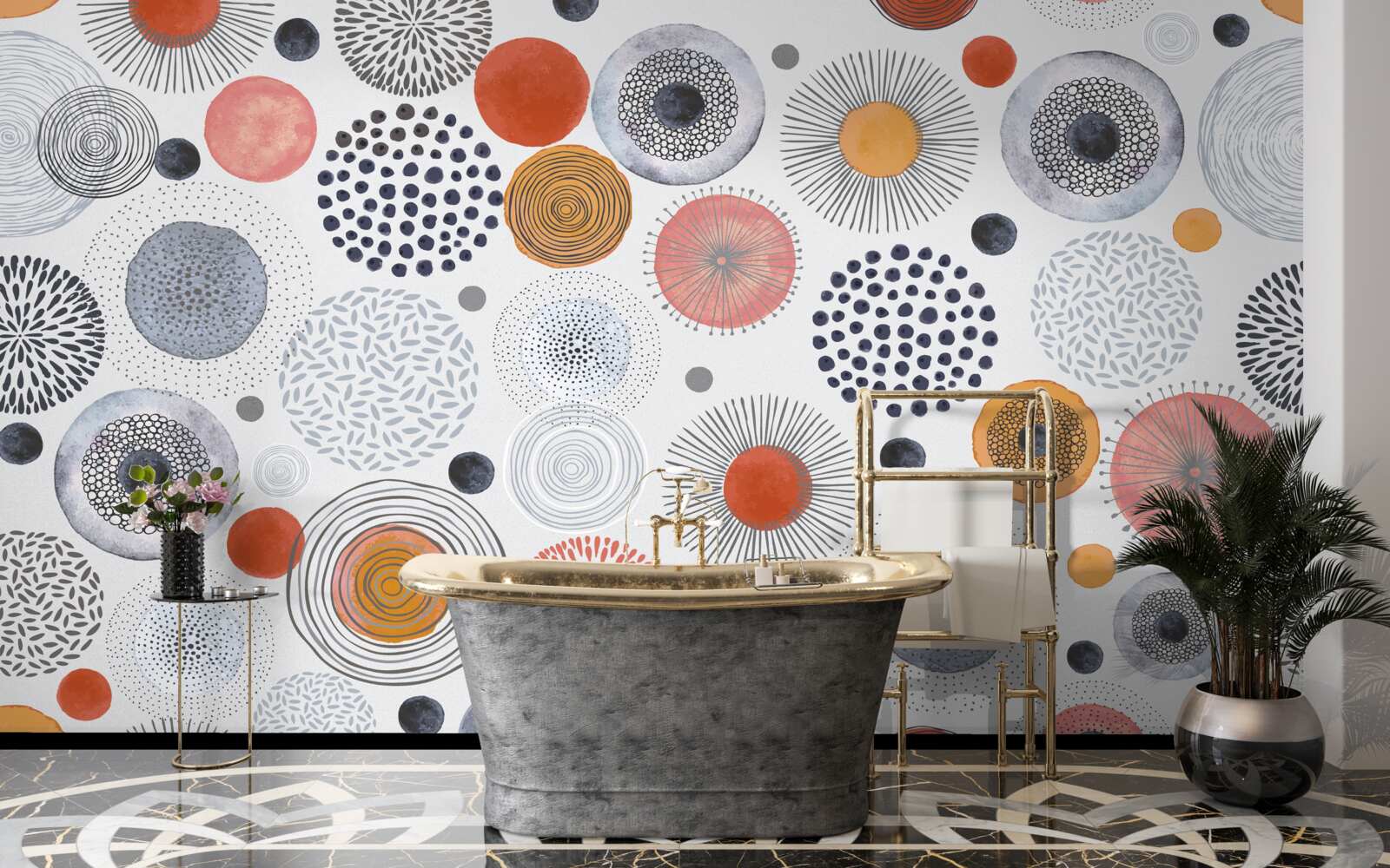 Фотошпалери кольорові килими, що контрастують із сірим кольором