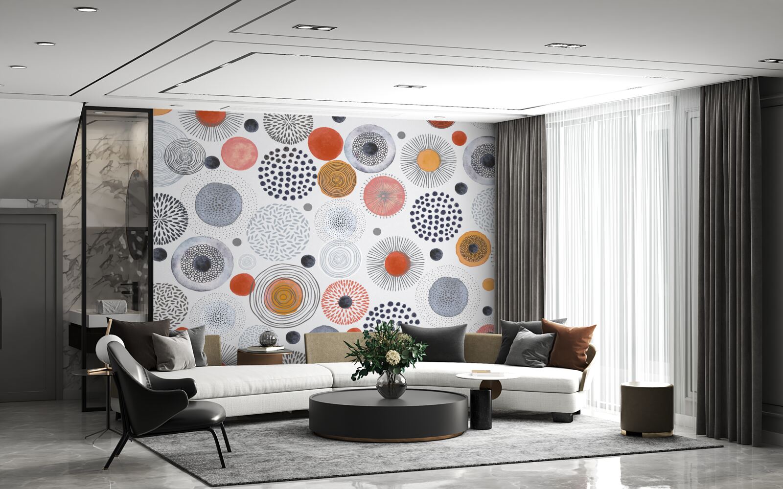 Фотошпалери кольорові килими, що контрастують із сірим кольором