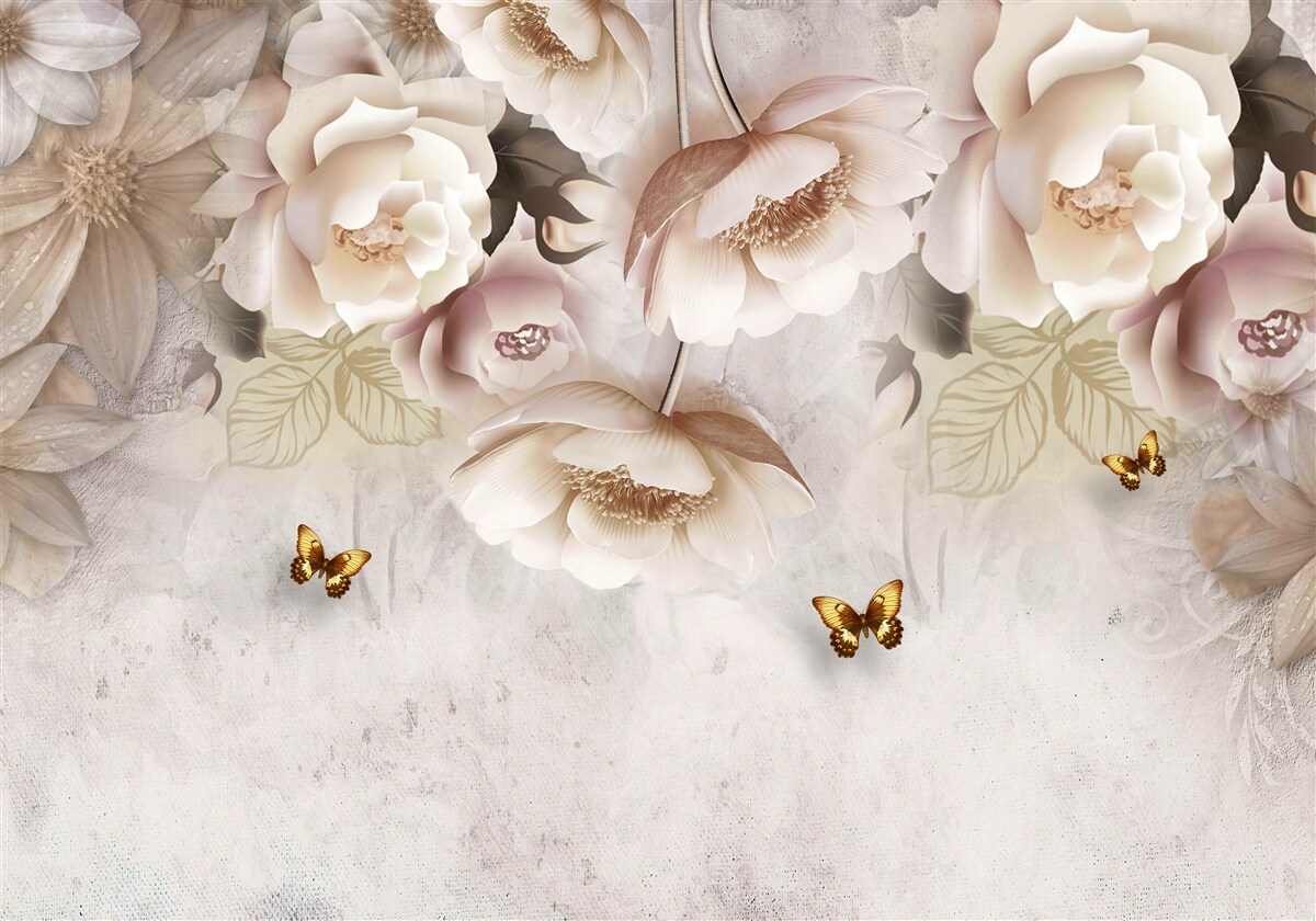 Фотошпалери троянди у відтінках крему та легкі метелики