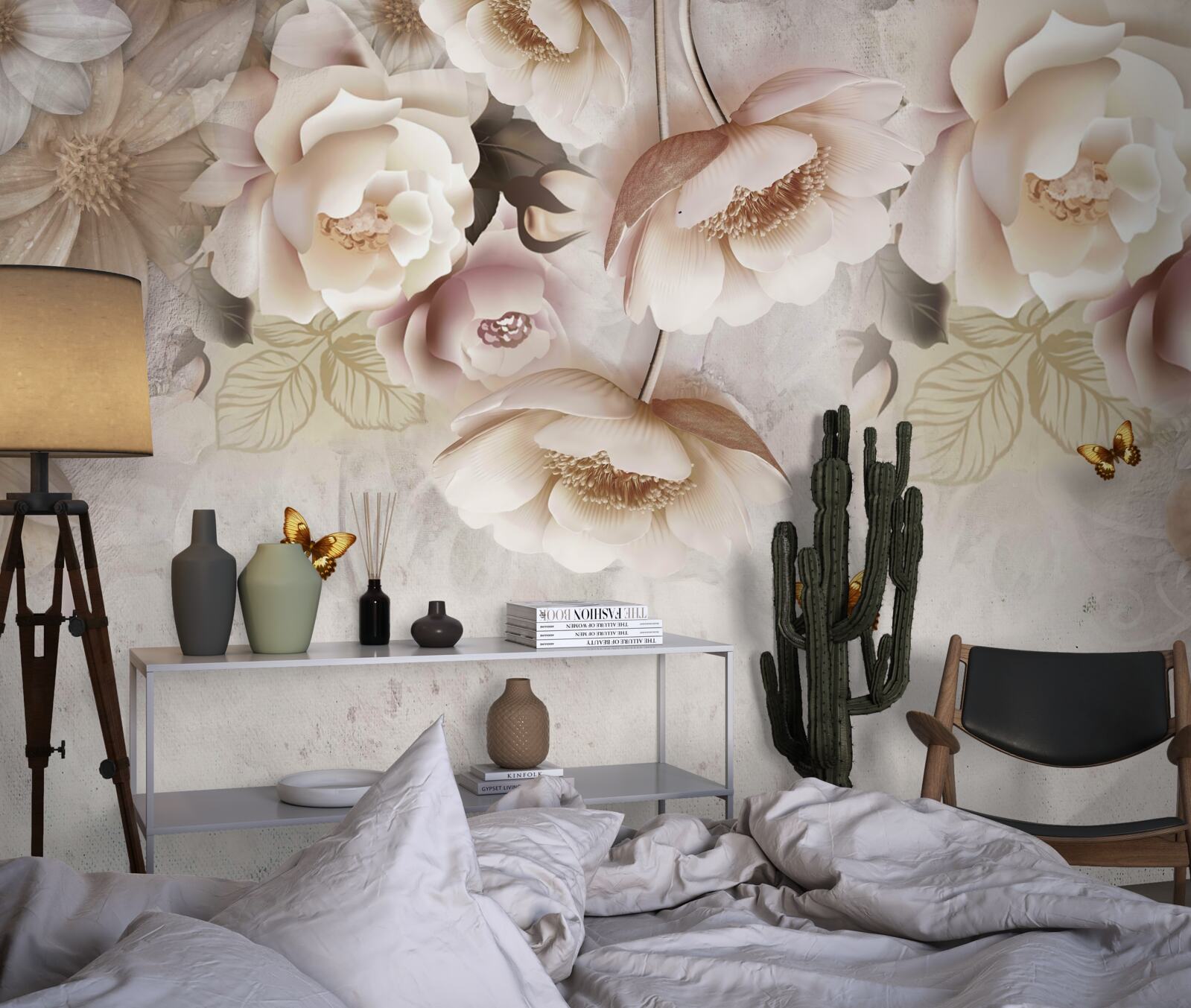 Фотошпалери троянди у відтінках крему та легкі метелики