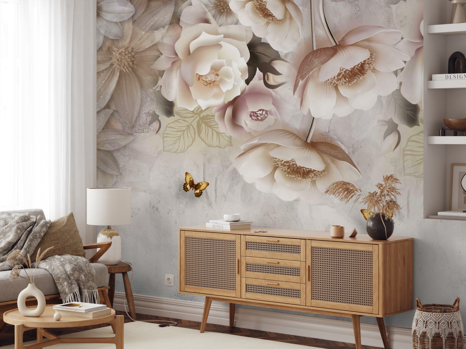 Фотошпалери троянди у відтінках крему та легкі метелики