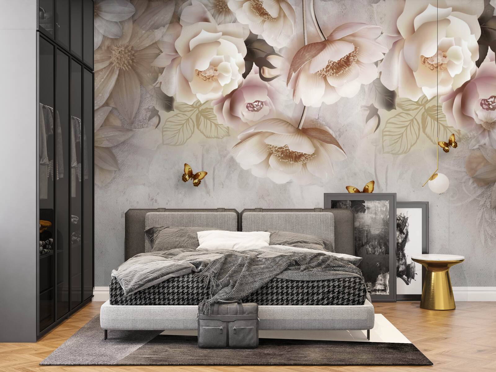 Фотошпалери троянди у відтінках крему та легкі метелики