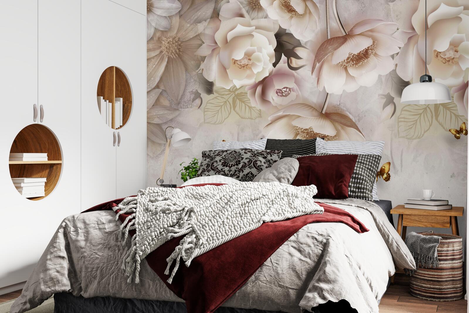 Фотошпалери троянди у відтінках крему та легкі метелики