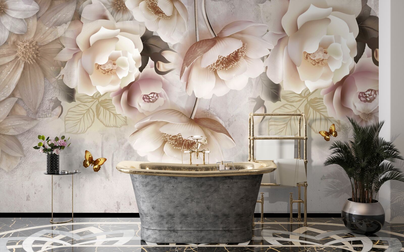 Фотошпалери троянди у відтінках крему та легкі метелики