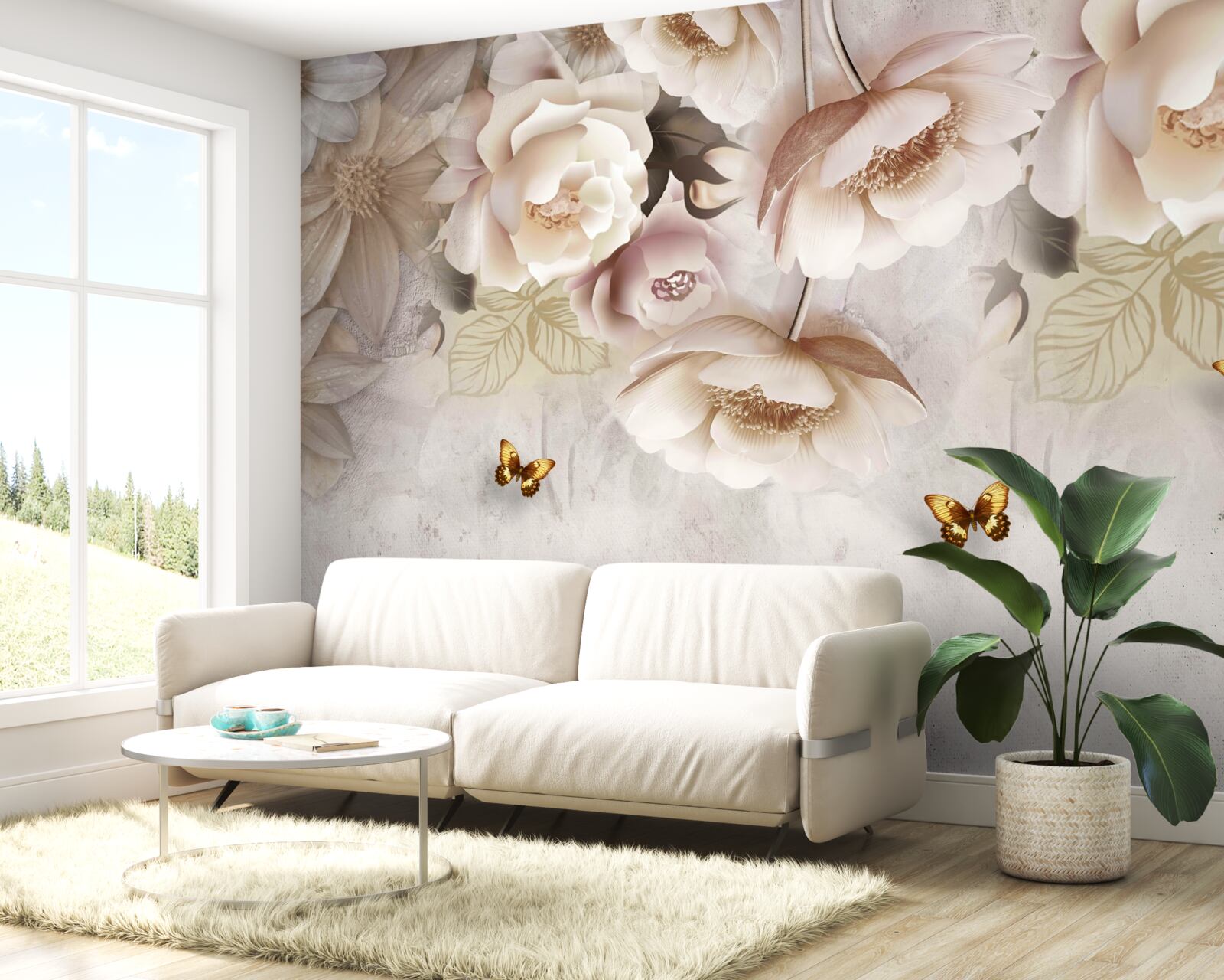 Фотошпалери троянди у відтінках крему та легкі метелики