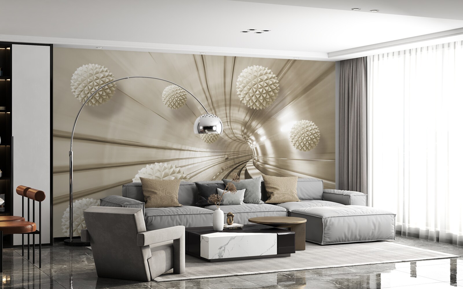 Фотошпалери світло-коричневі кульки в проході