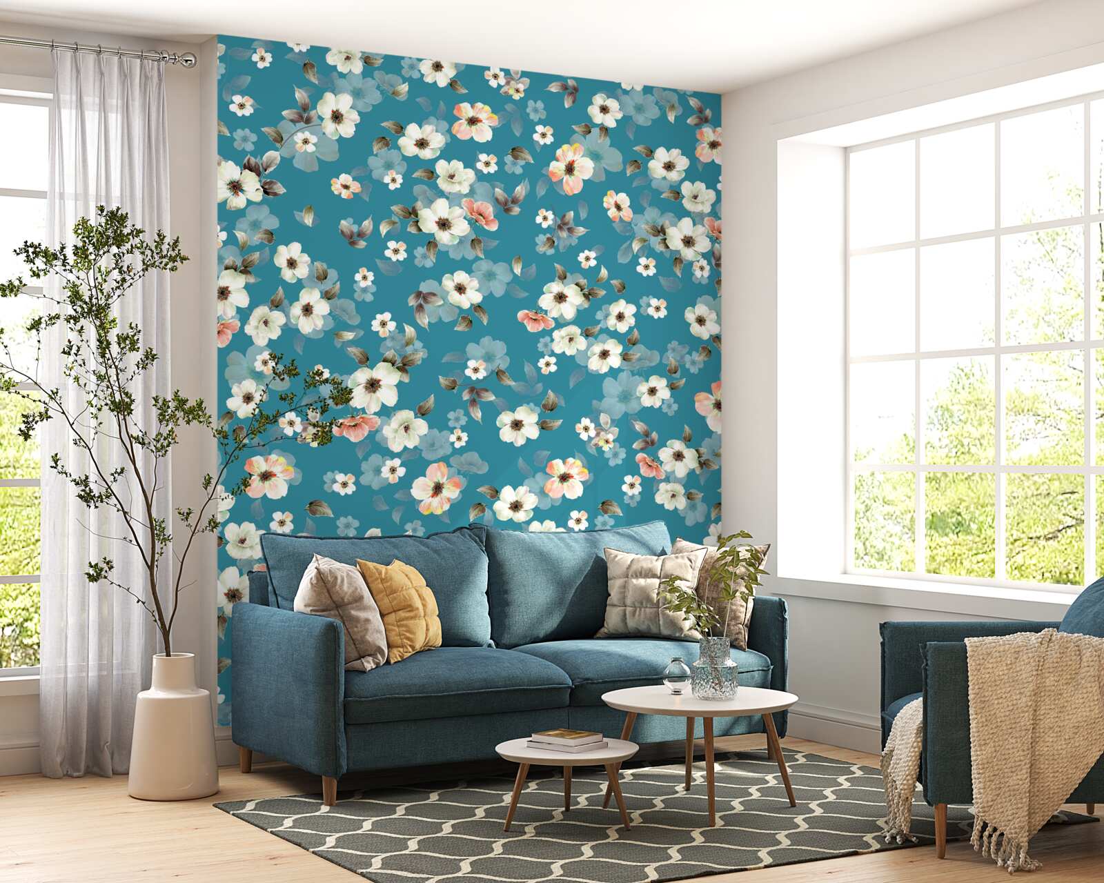 Фотошпалери маленькі квіточки на блакитній основі