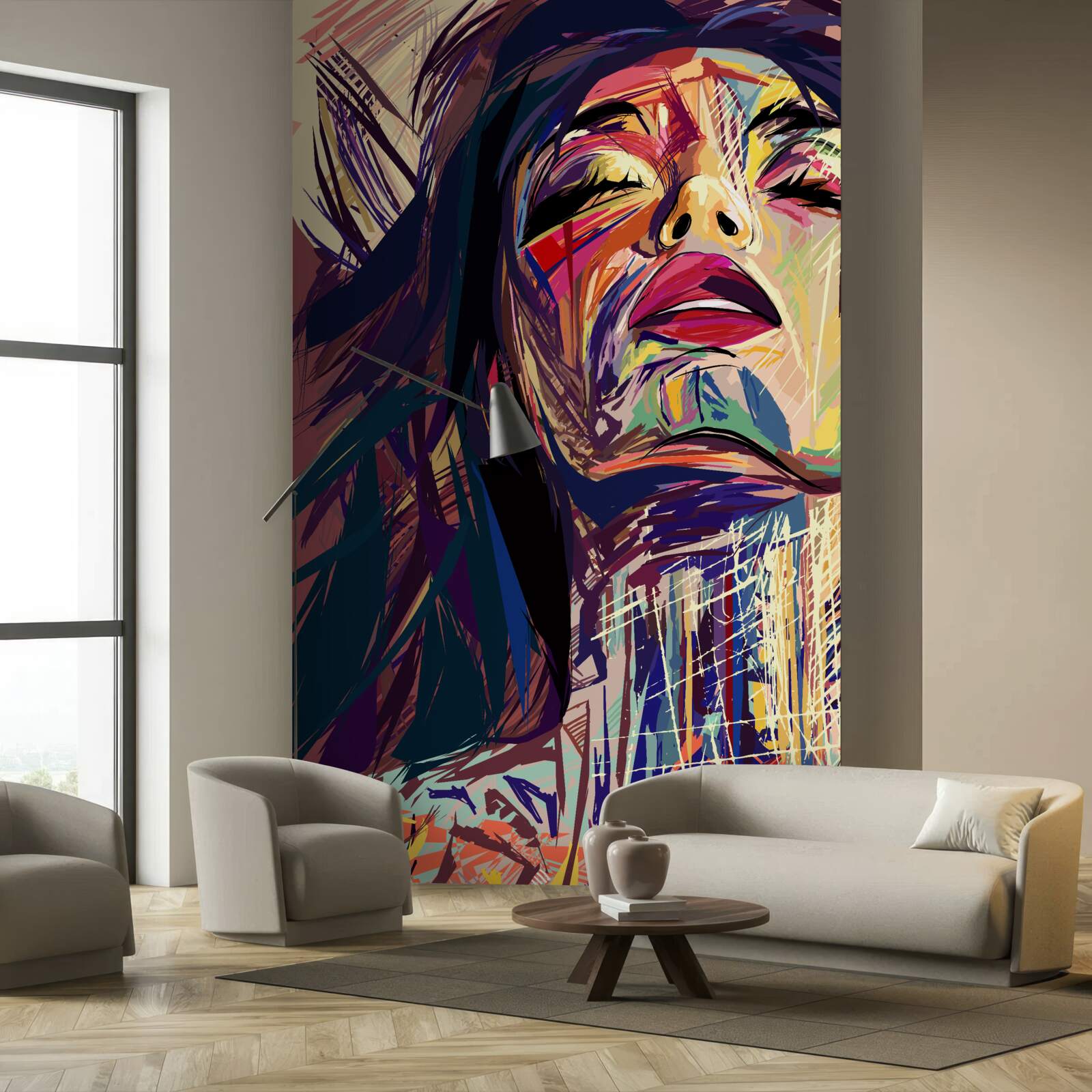 Фотошпалери дівчина на малюнку повністю вкрита фарбою