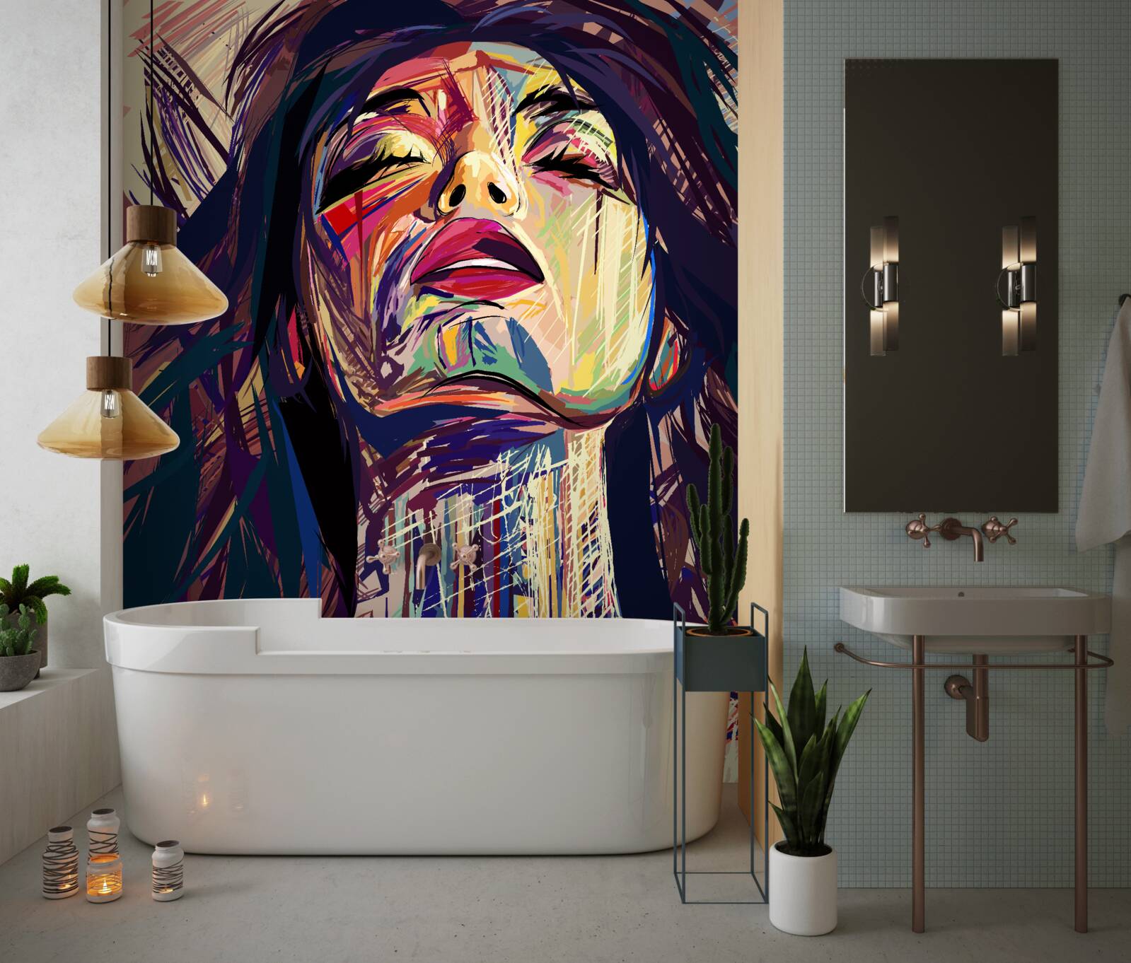 Фотошпалери дівчина на малюнку повністю вкрита фарбою