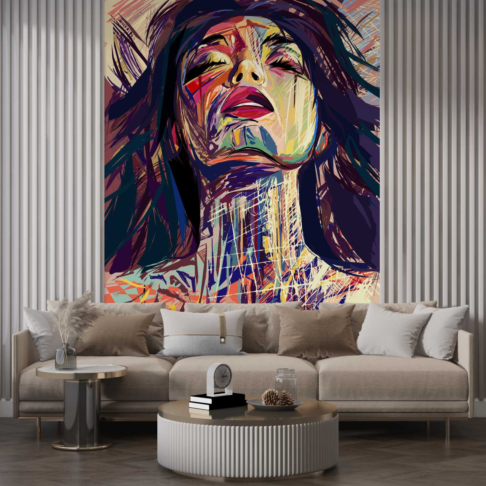 Фотошпалери дівчина на малюнку повністю вкрита фарбою