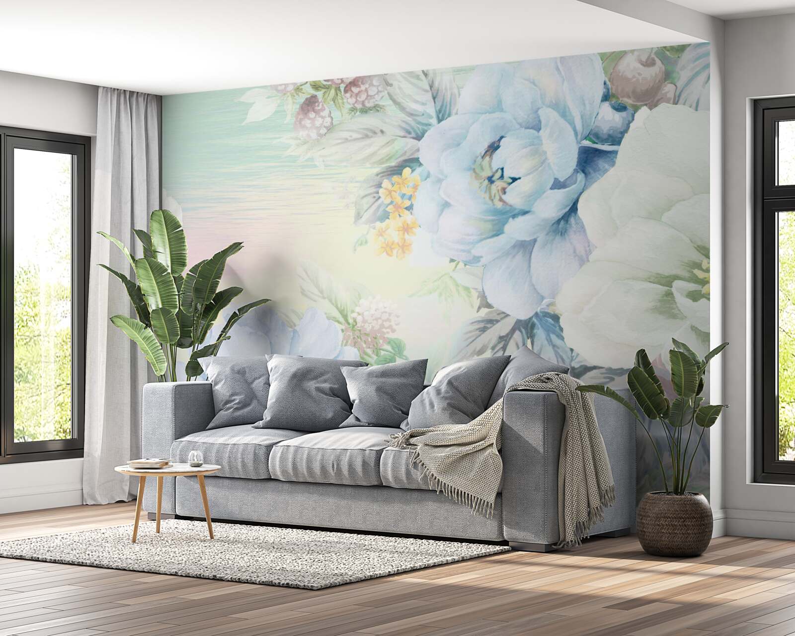 Фотошпалери квіти у відтінках білого та синього