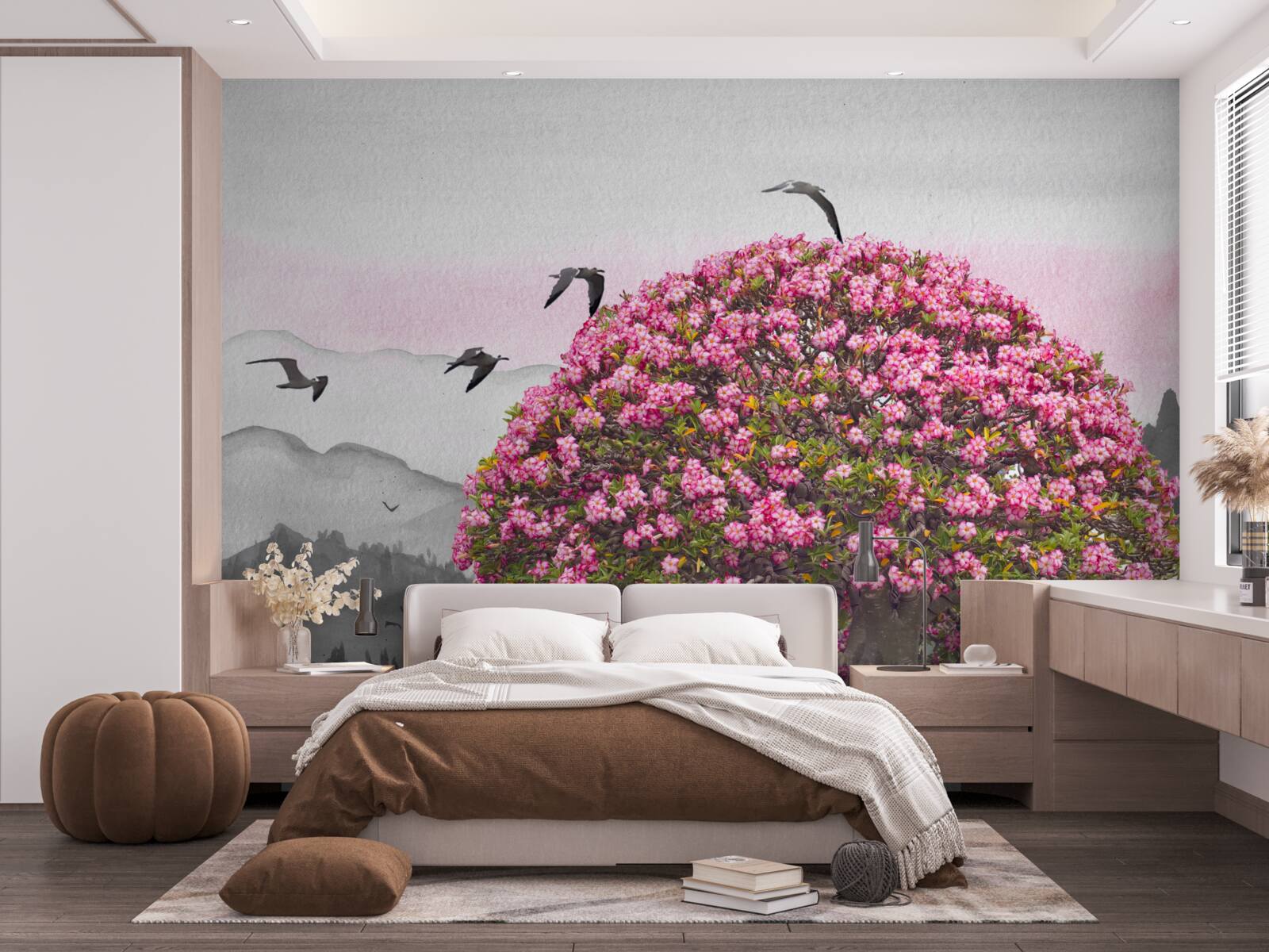 Фотошпалери птахи пролітають над квітучим деревом