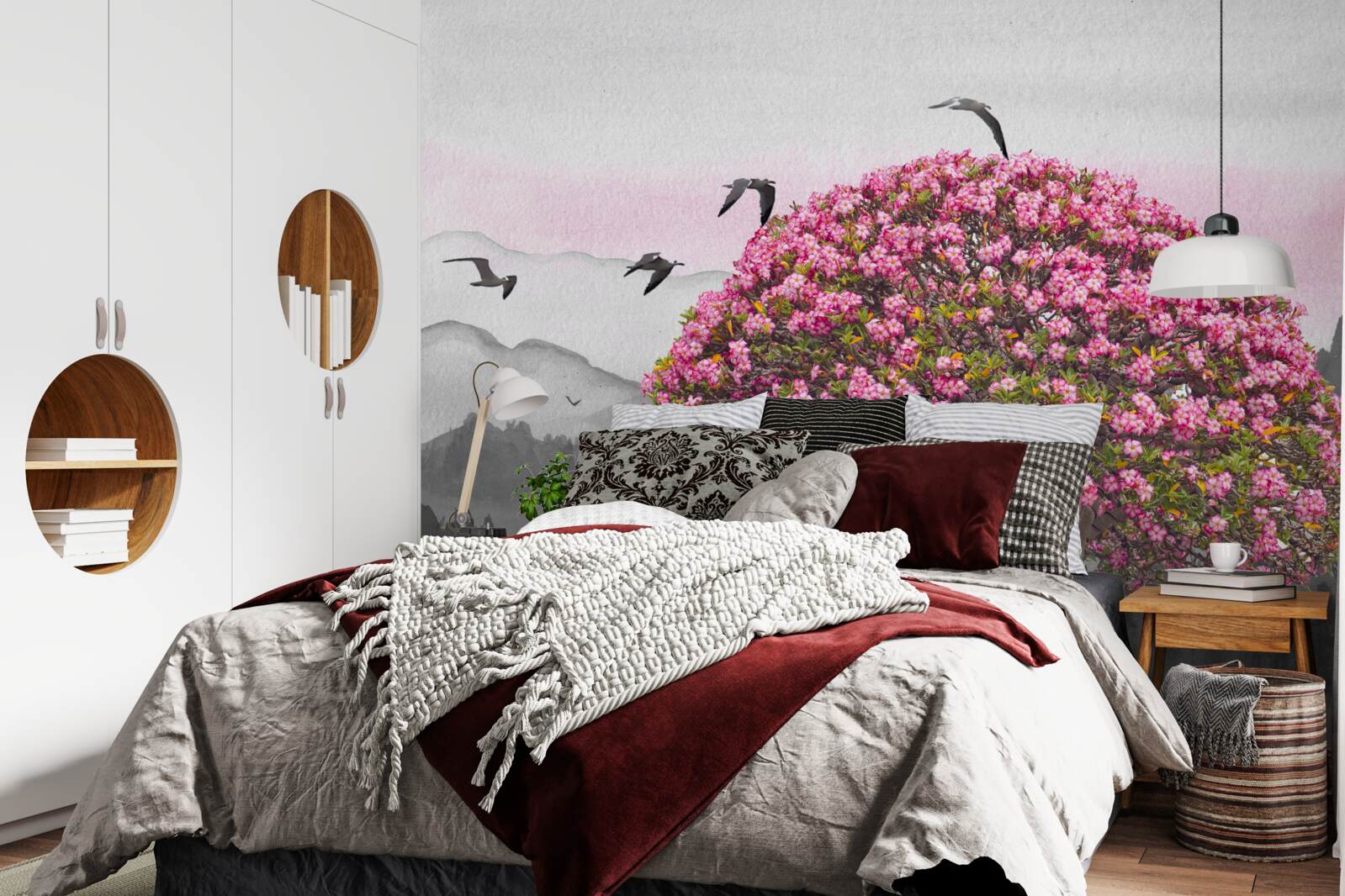 Фотошпалери птахи пролітають над квітучим деревом