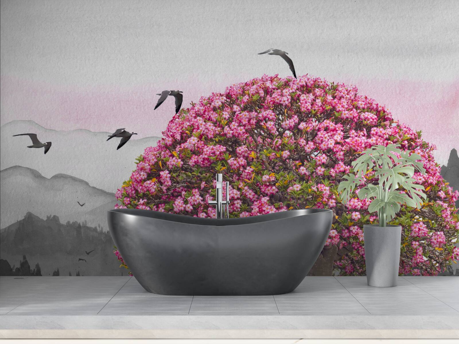 Фотошпалери птахи пролітають над квітучим деревом