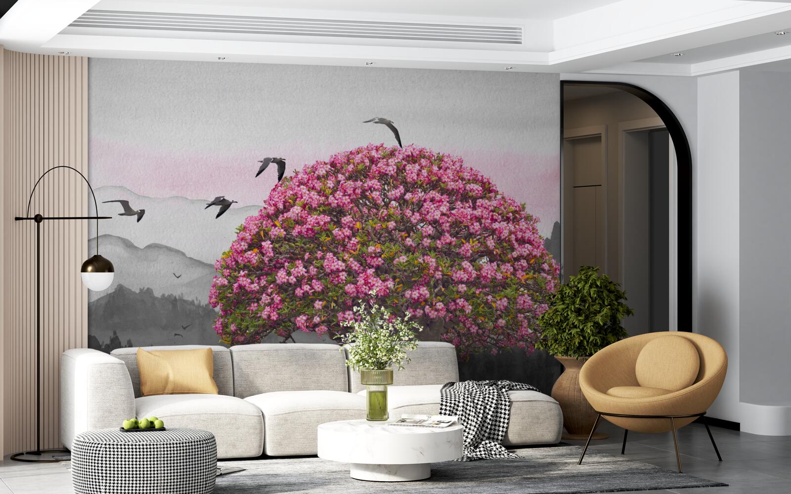 Фотошпалери птахи пролітають над квітучим деревом