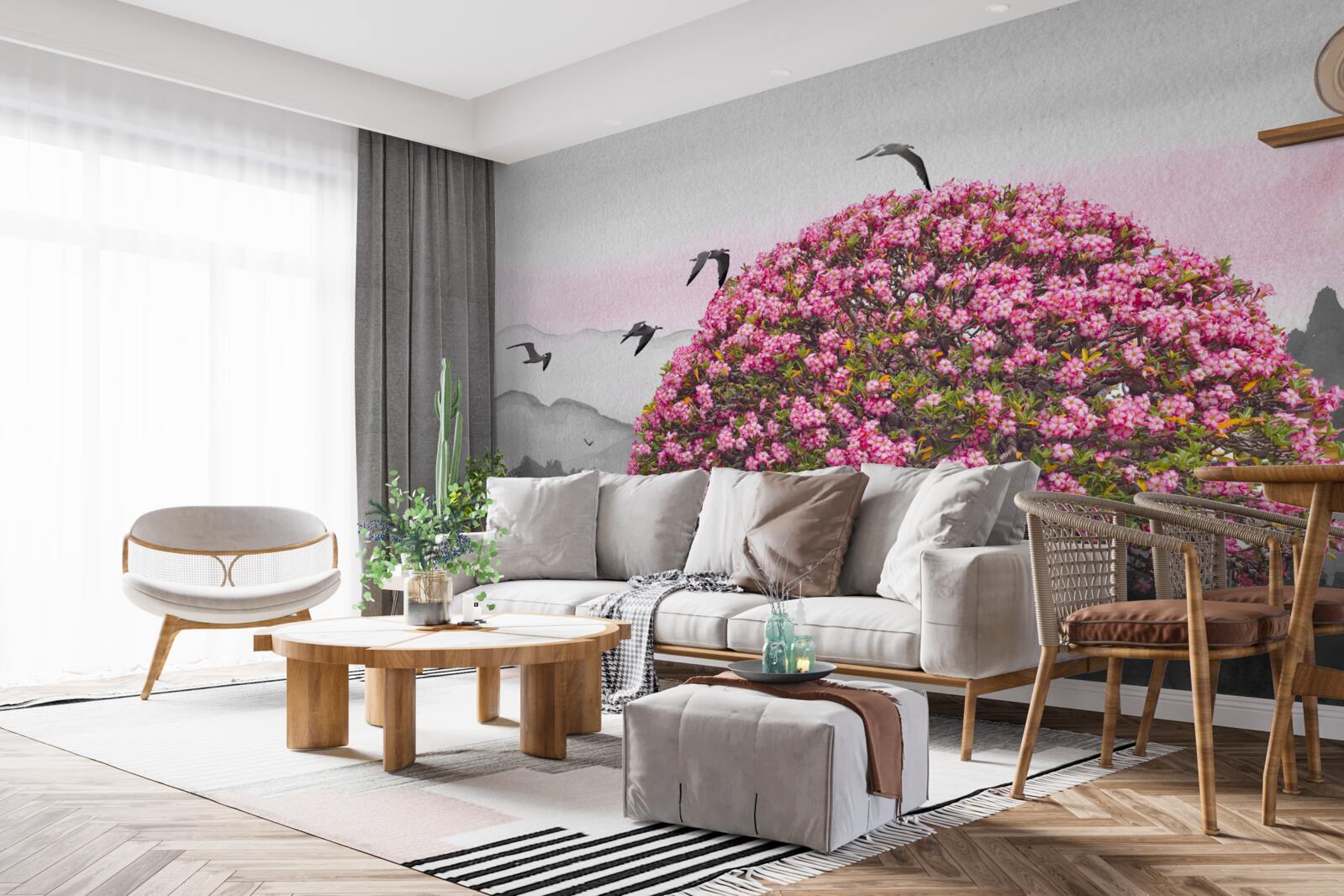 Фотошпалери птахи пролітають над квітучим деревом