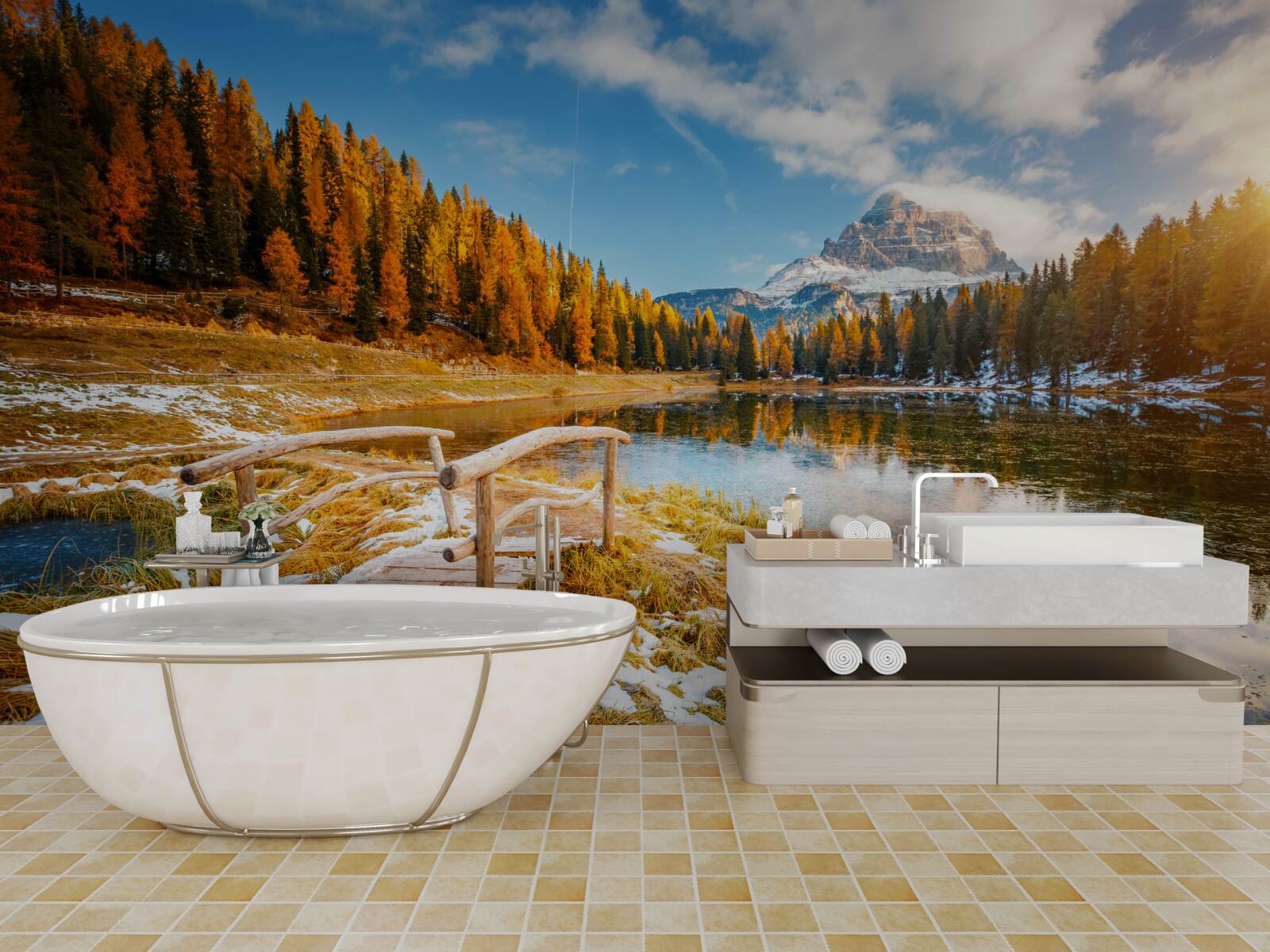 Фотошпалери осінній пейзаж з горою на горизонті