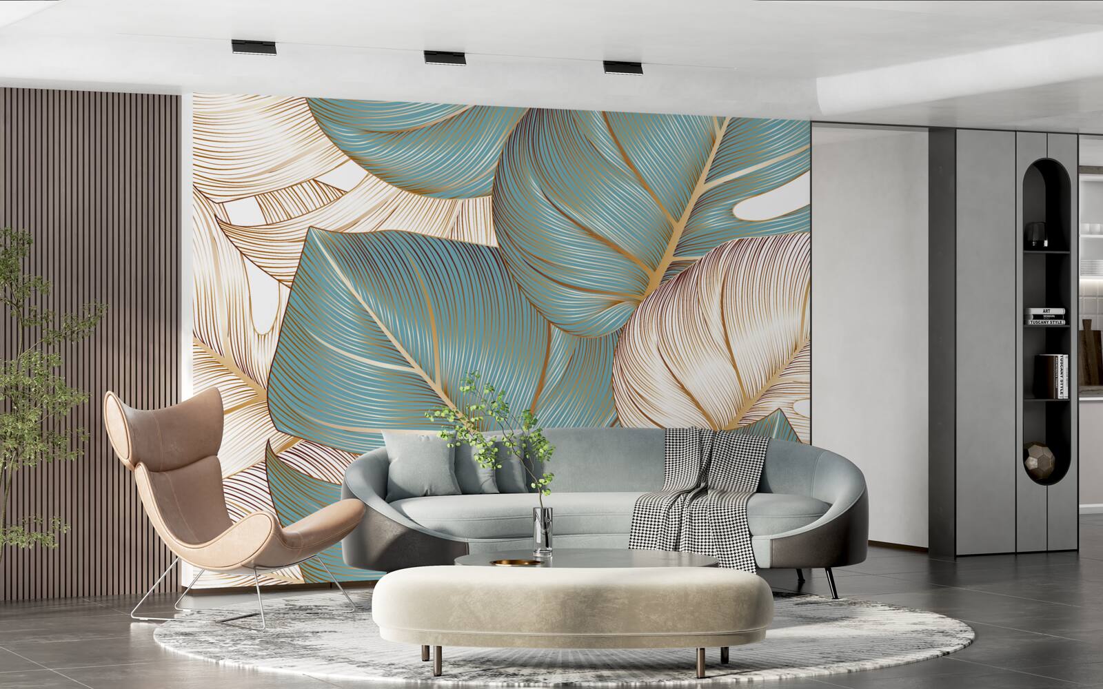 Фотошпалери велике листя в зеленому та золотому кольорах