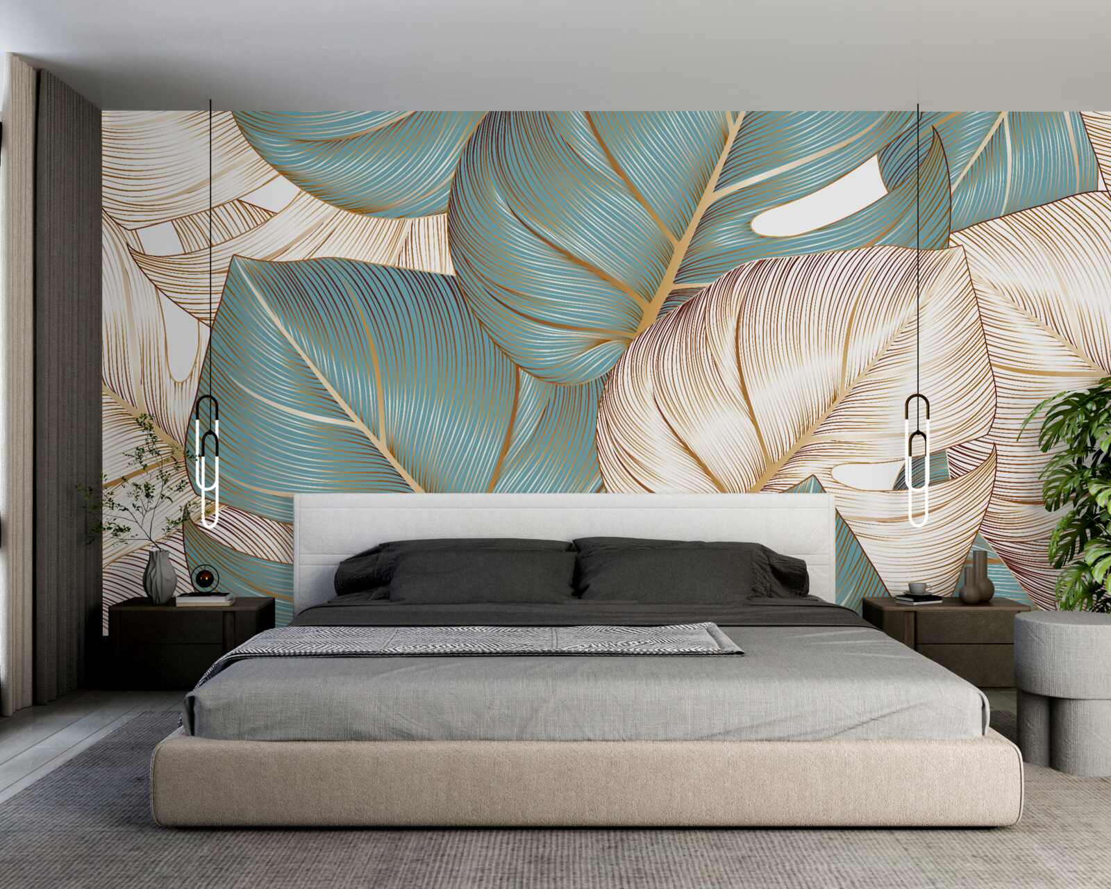 Фотошпалери велике листя в зеленому та золотому кольорах