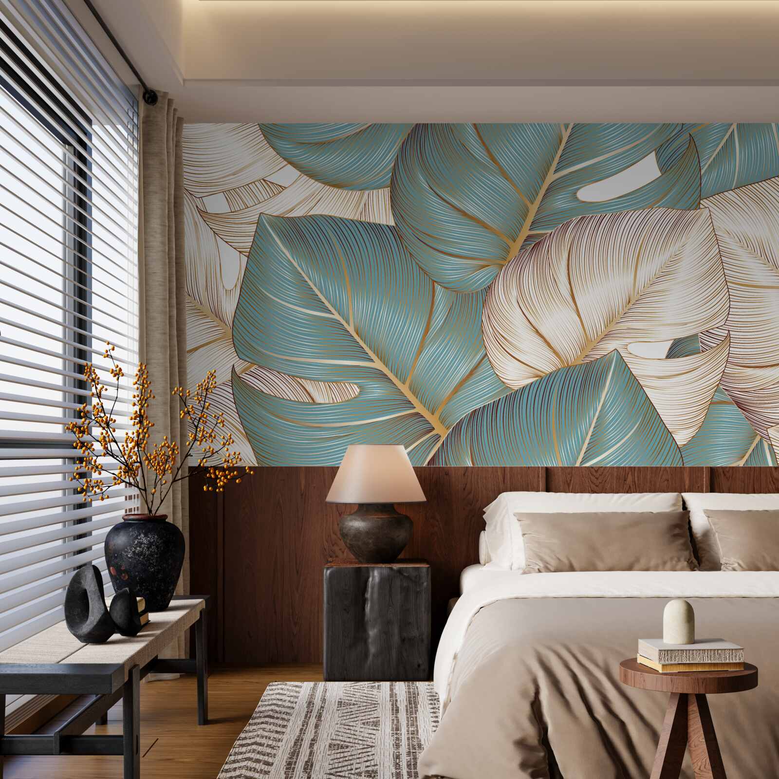 Фотошпалери велике листя в зеленому та золотому кольорах