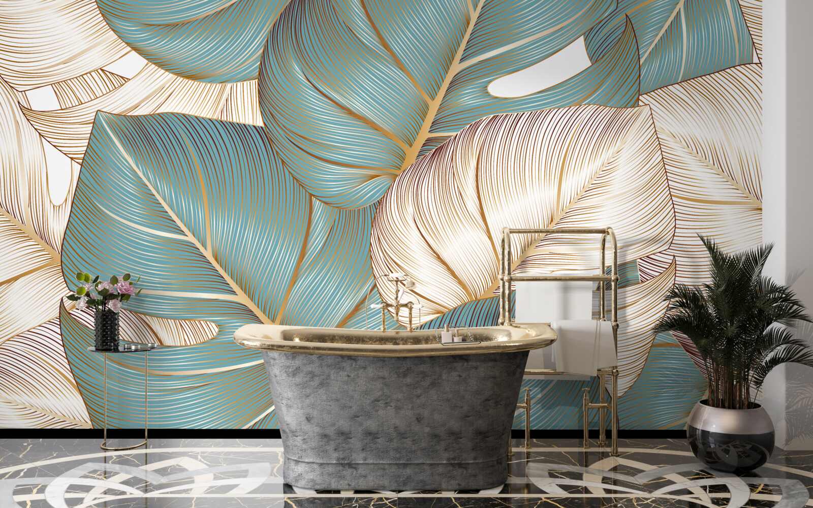 Фотошпалери велике листя в зеленому та золотому кольорах