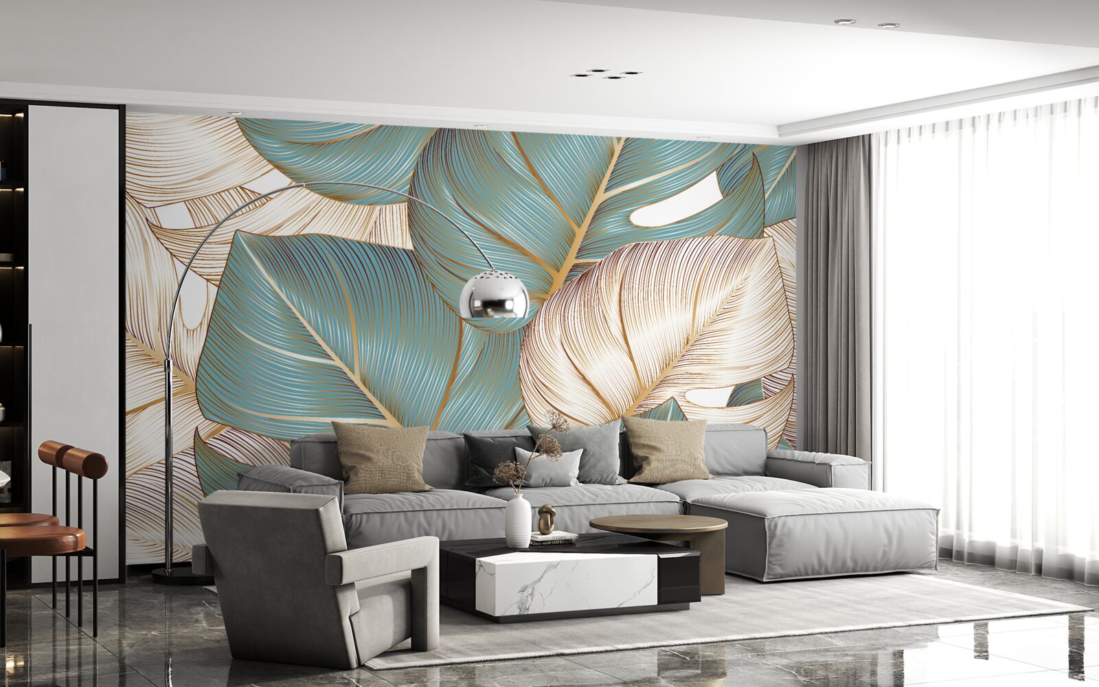 Фотошпалери велике листя в зеленому та золотому кольорах