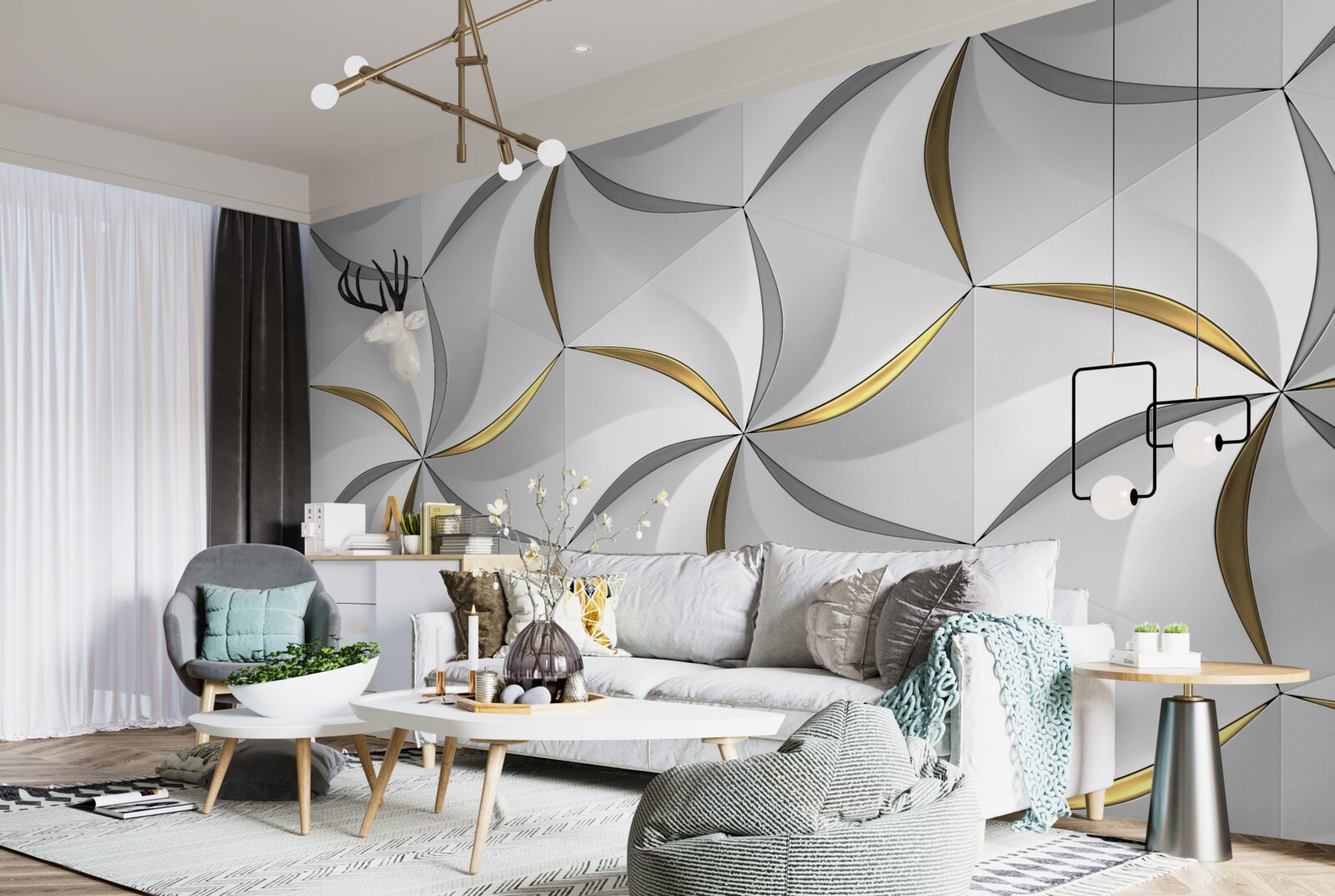 Фотошпалери вихори сірого та золотого на білому тлі