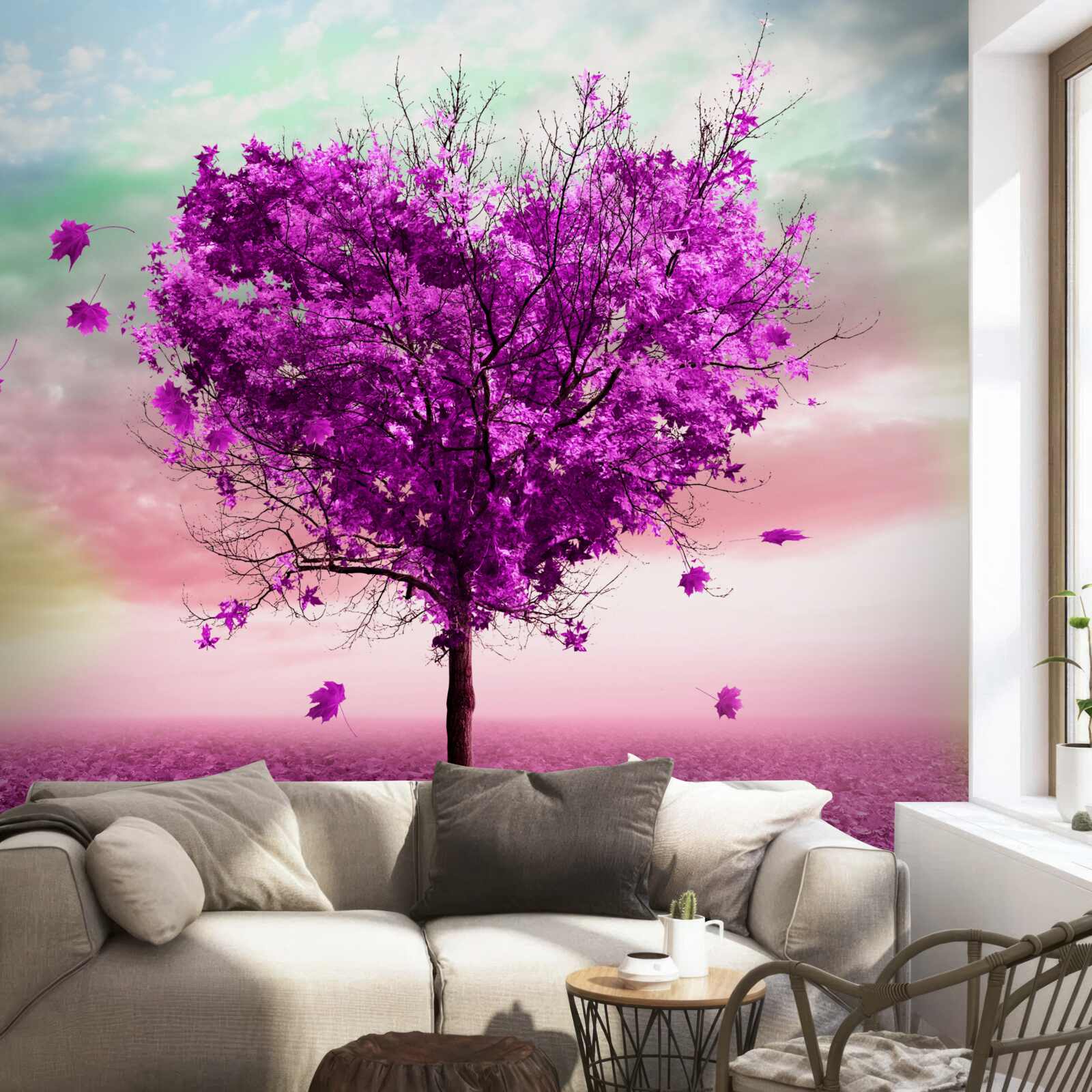 Фотошпалери дерево з фіолетовим опалим листям