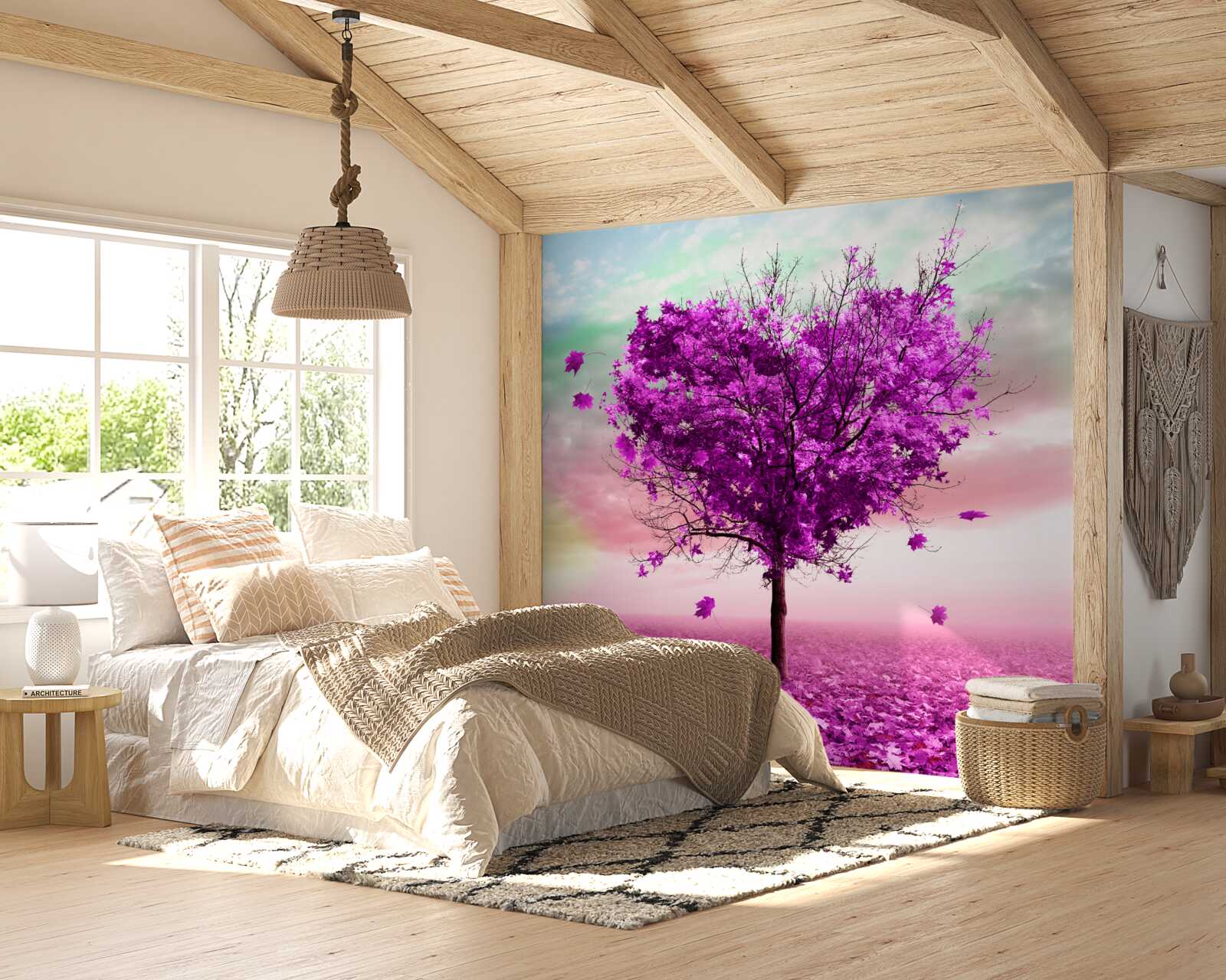 Фотошпалери дерево з фіолетовим опалим листям