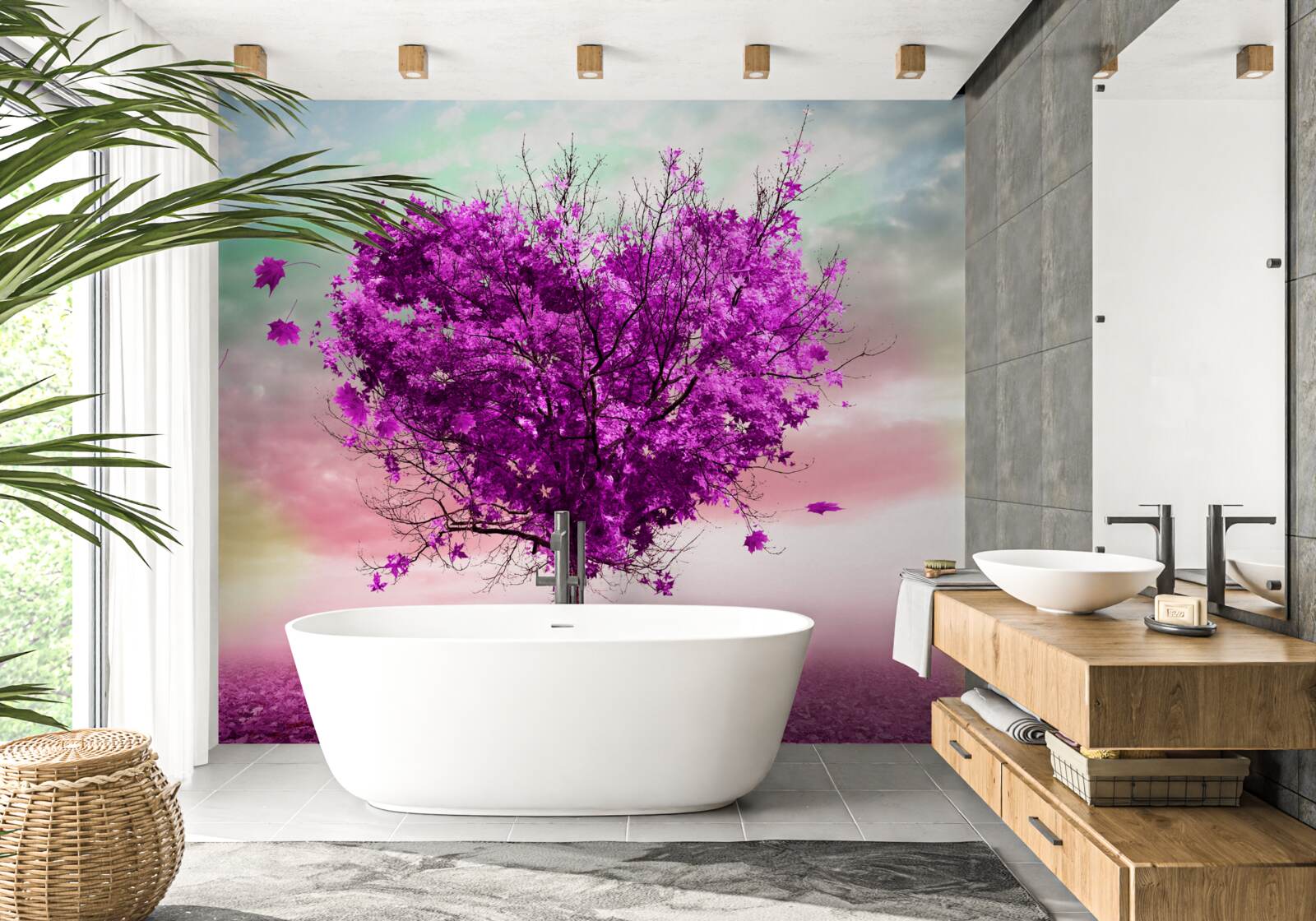 Фотошпалери дерево з фіолетовим опалим листям