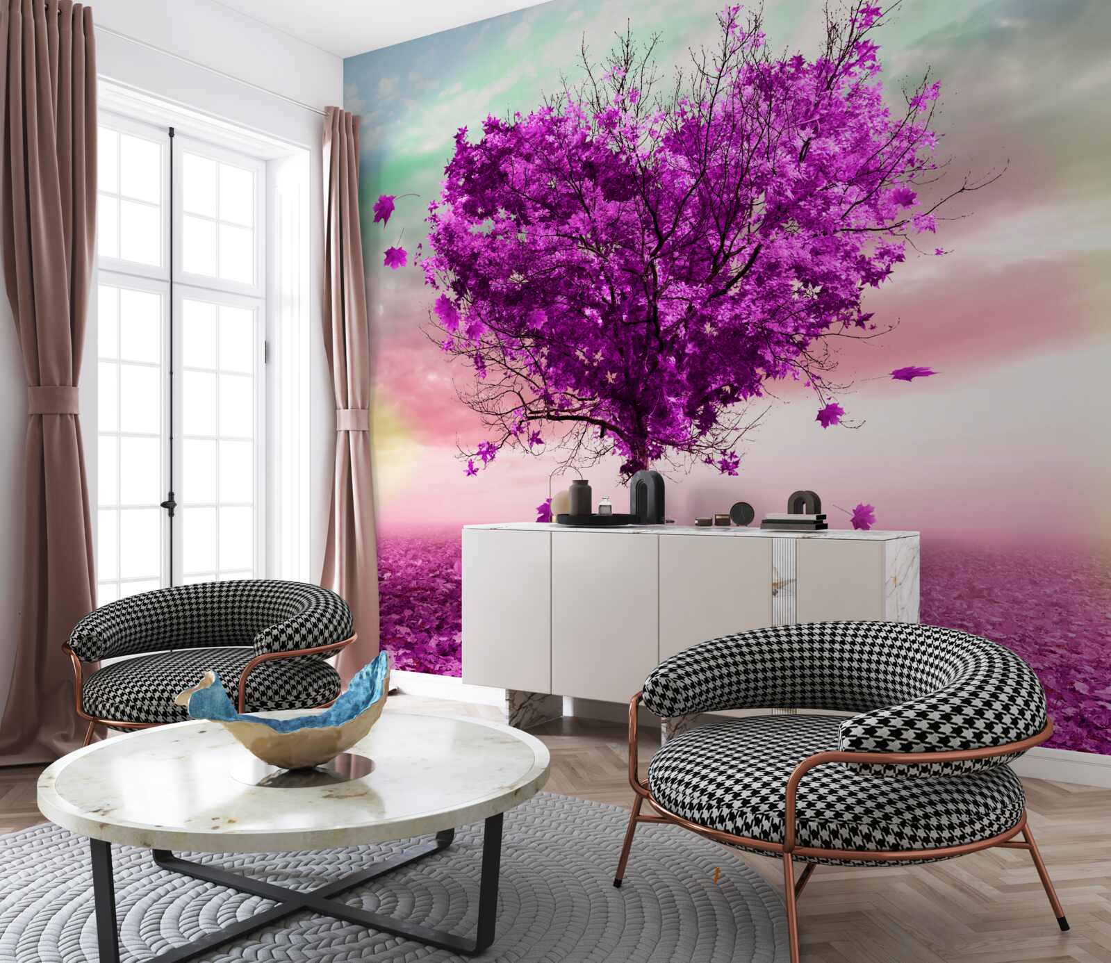 Фотошпалери дерево з фіолетовим опалим листям