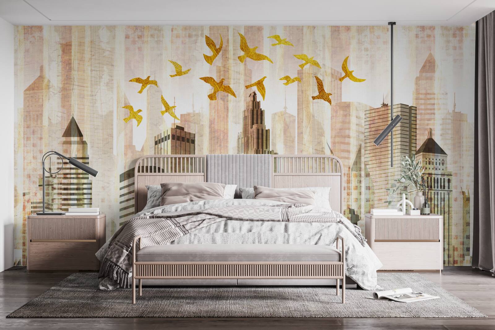 Фотошпалери хмарочоси, над якими літають птахи