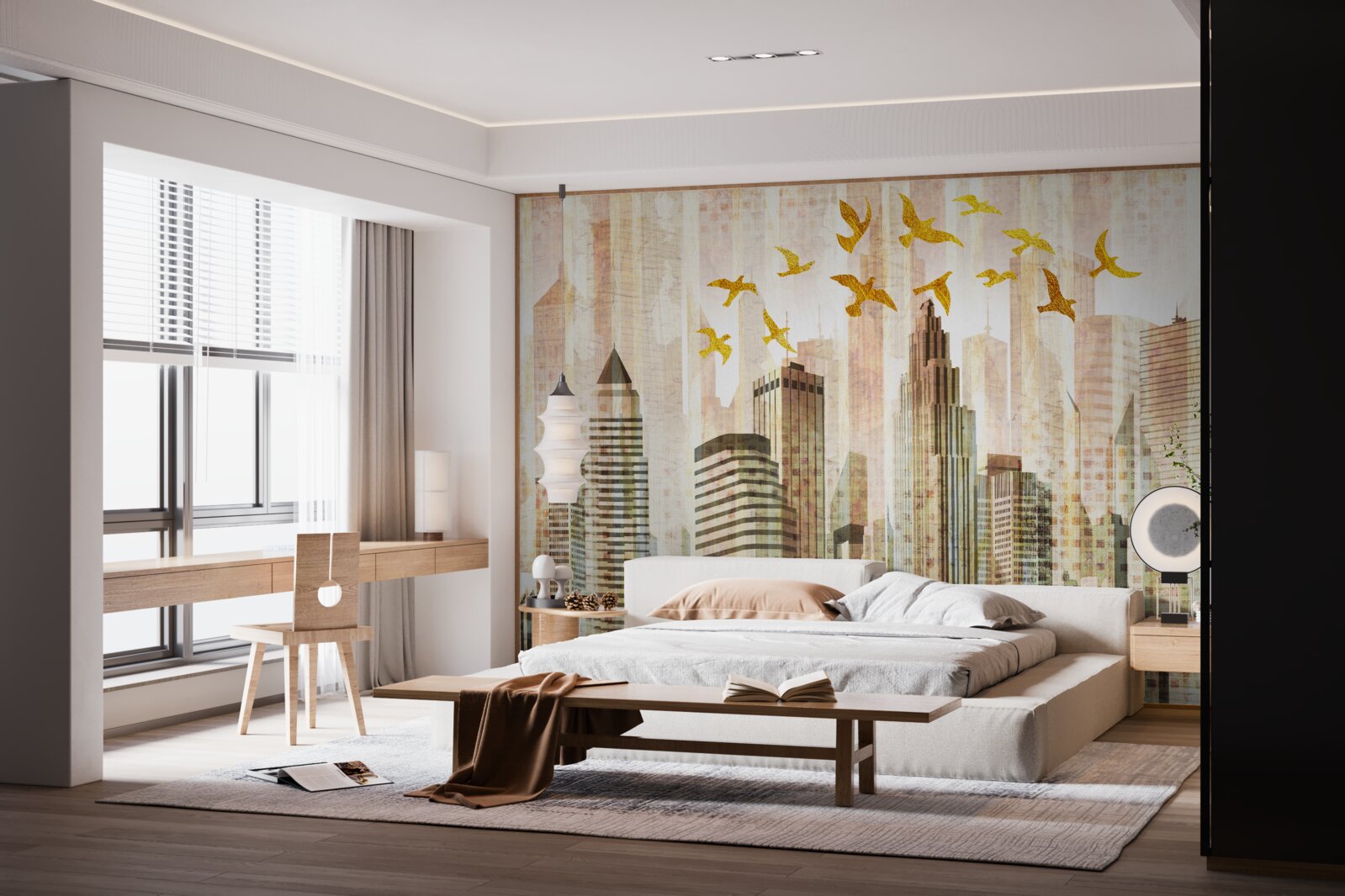 Фотошпалери хмарочоси, над якими літають птахи