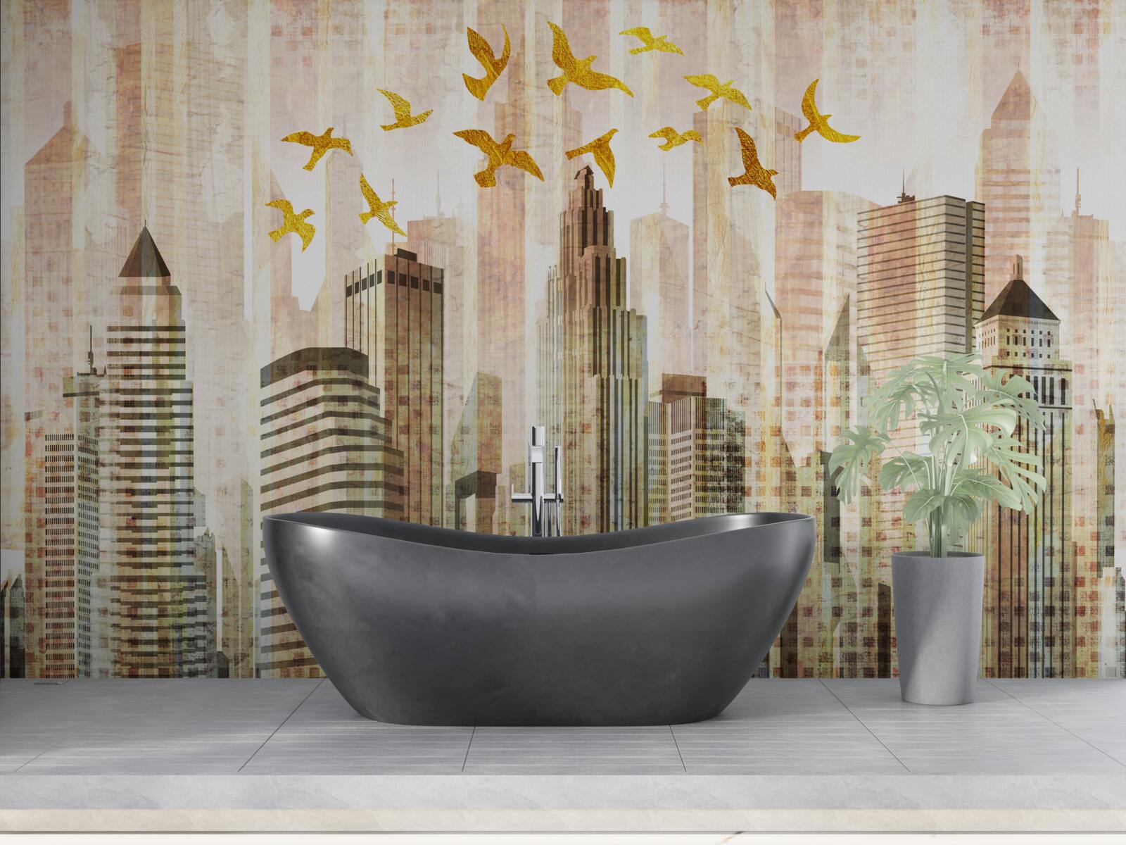Фотошпалери хмарочоси, над якими літають птахи