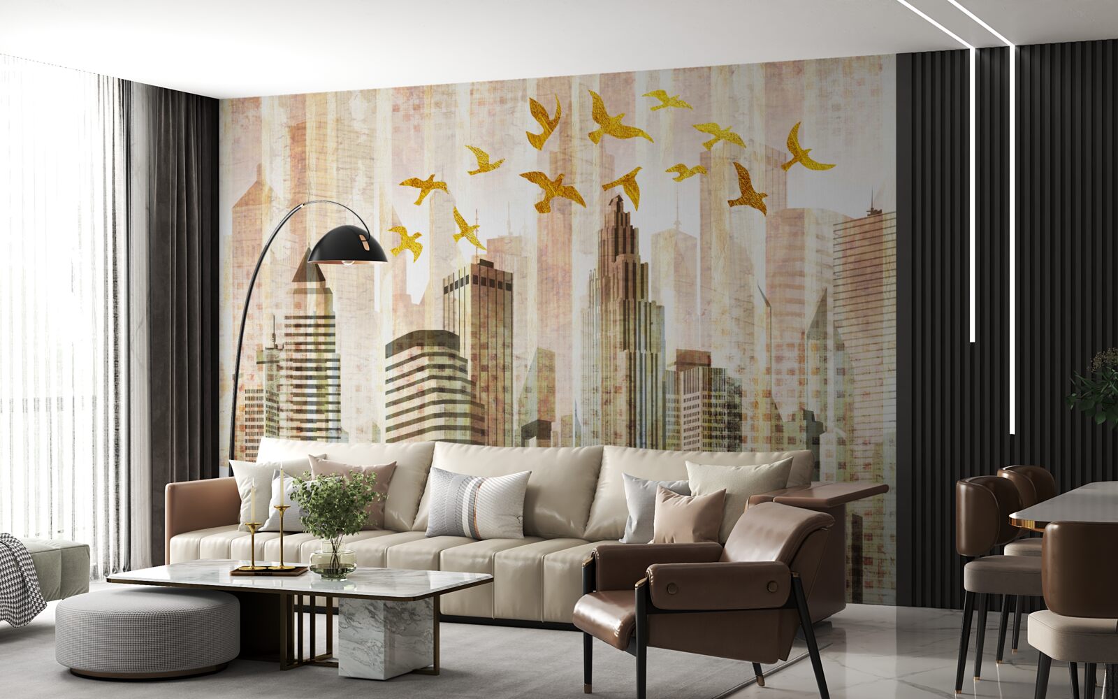 Фотошпалери хмарочоси, над якими літають птахи