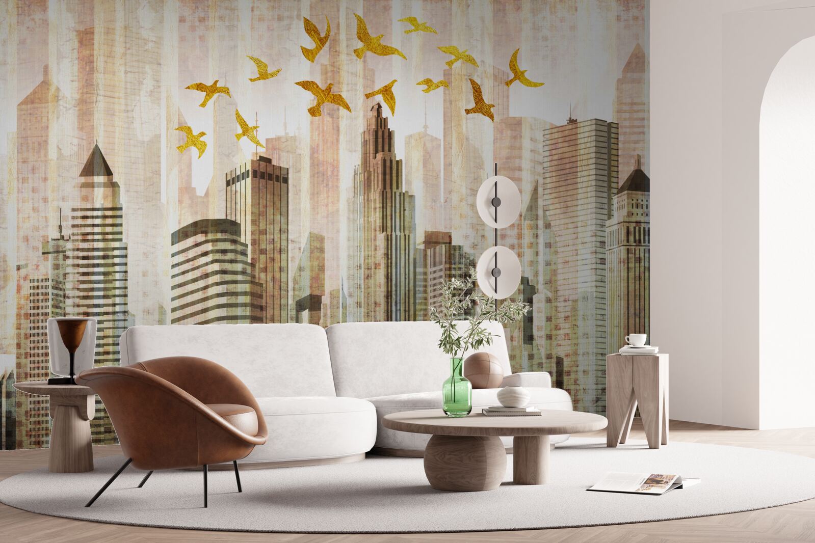 Фотошпалери хмарочоси, над якими літають птахи
