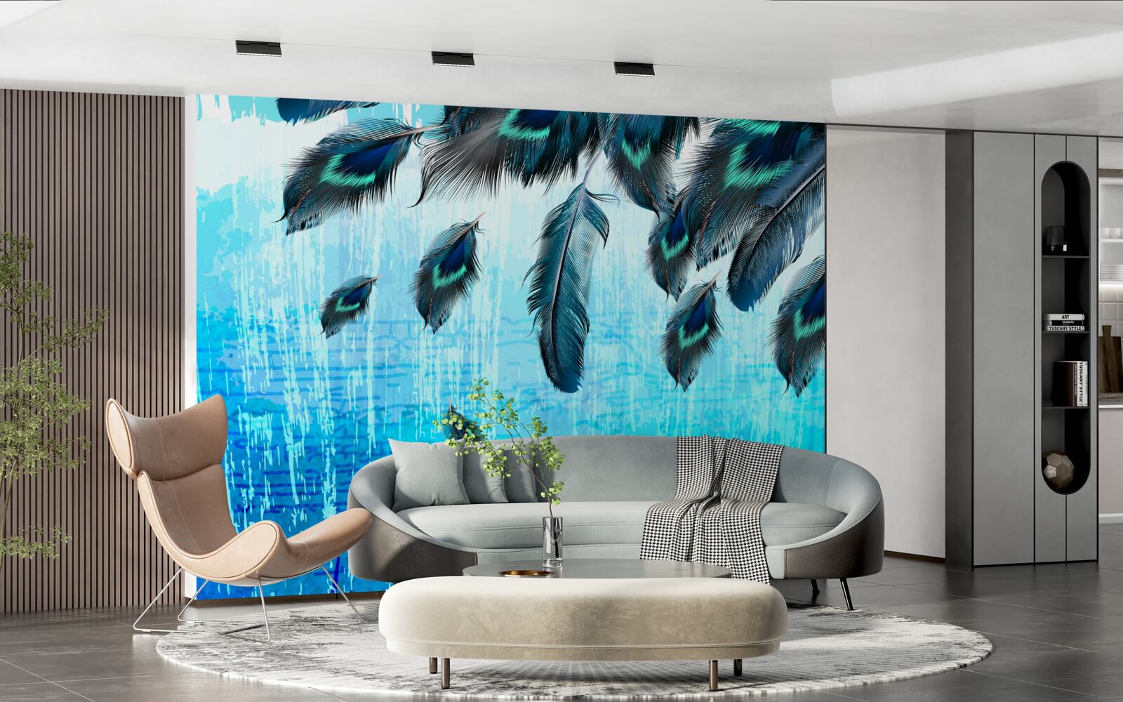 Фотошпалери павине пір'я на синьому тлі