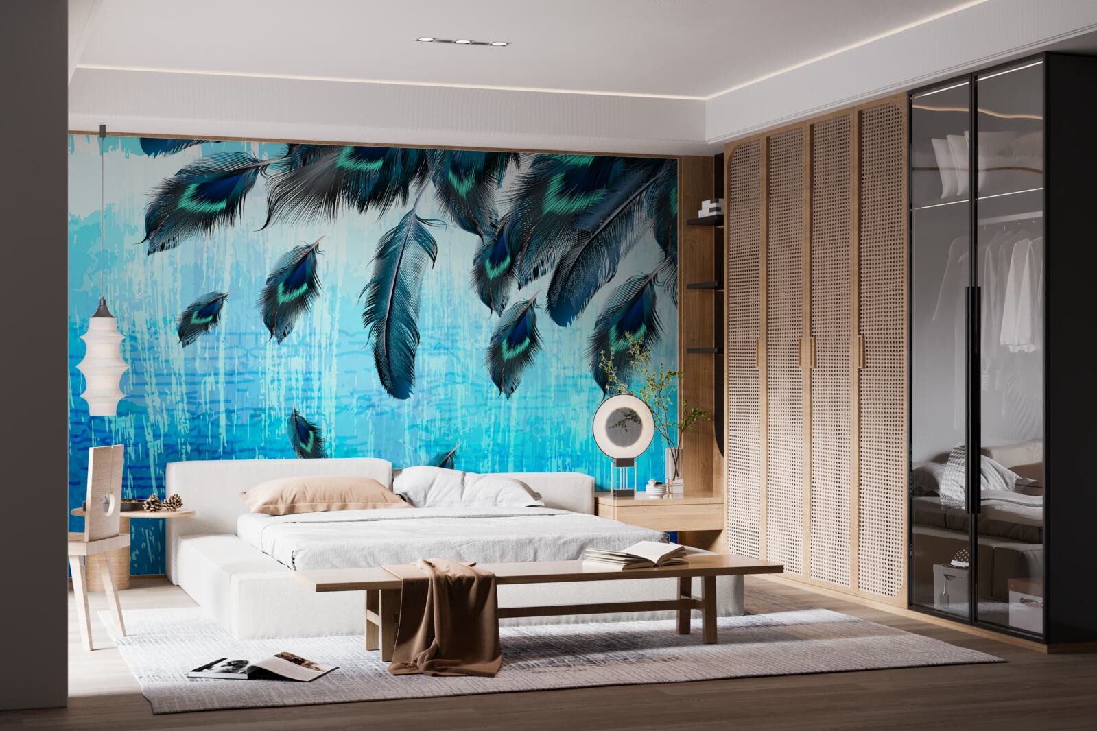 Фотошпалери павине пір'я на синьому тлі