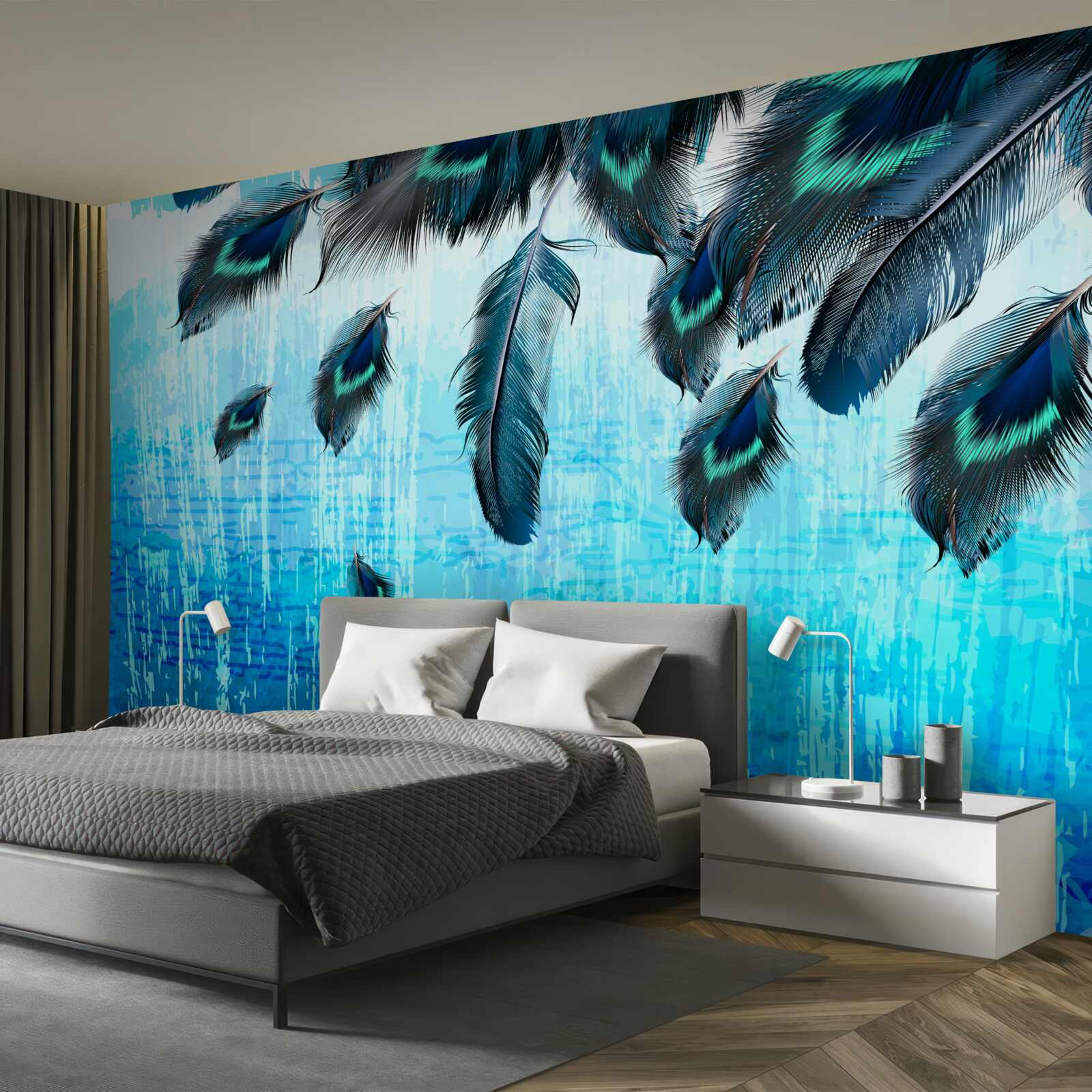 Фотошпалери павине пір'я на синьому тлі