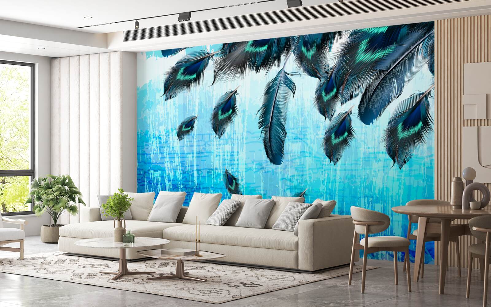 Фотошпалери павине пір'я на синьому тлі