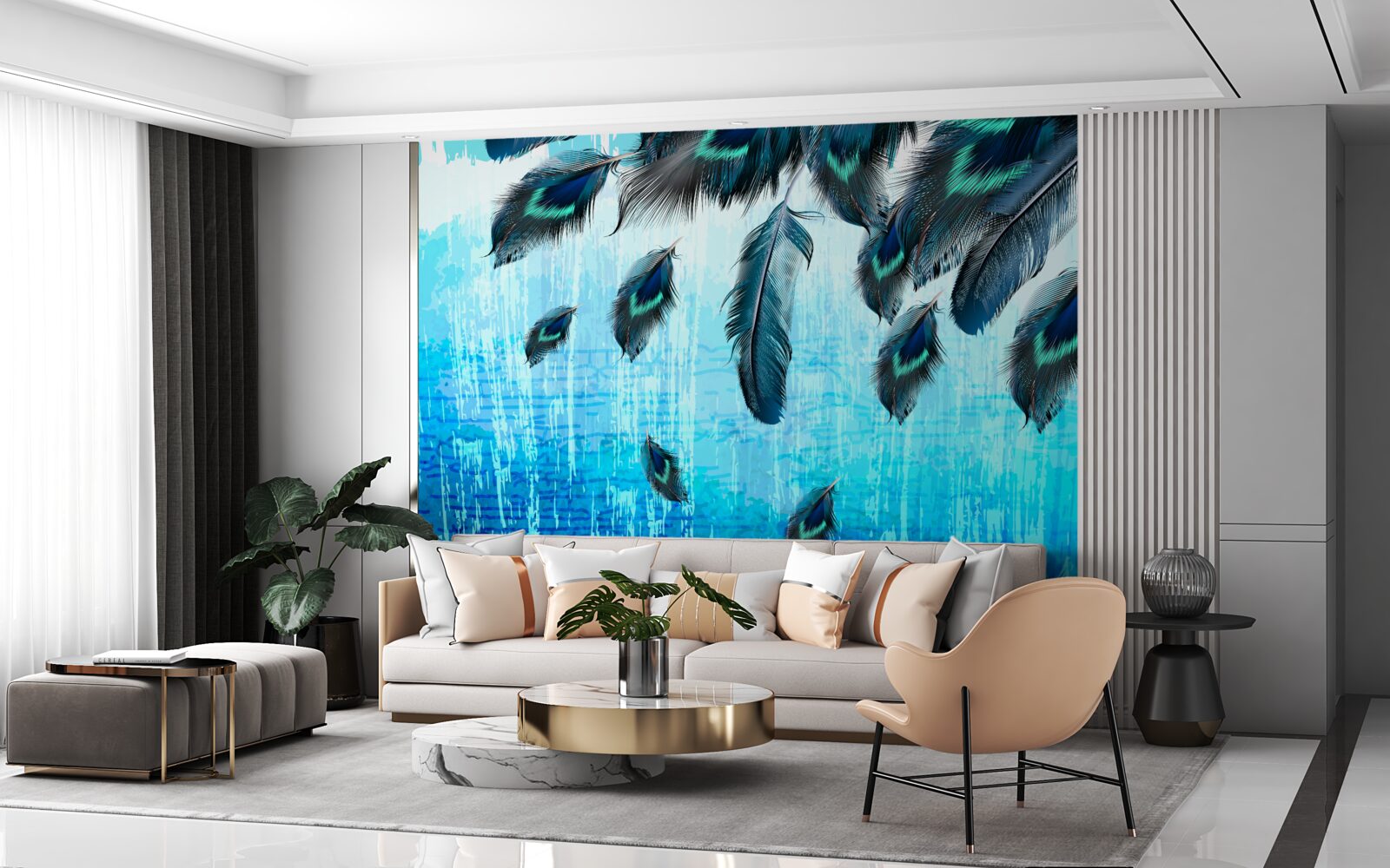 Фотошпалери павине пір'я на синьому тлі