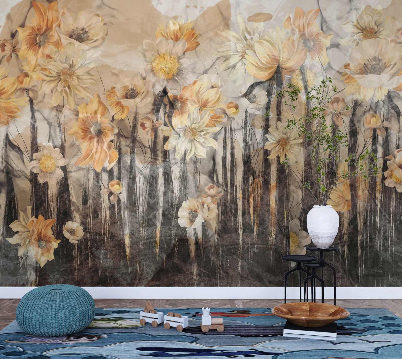 Фотошпалери квіти у вінтажному стилі на сірому тлі