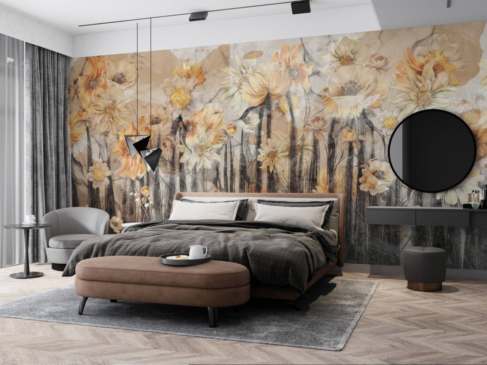 Фотошпалери квіти у вінтажному стилі на сірому тлі