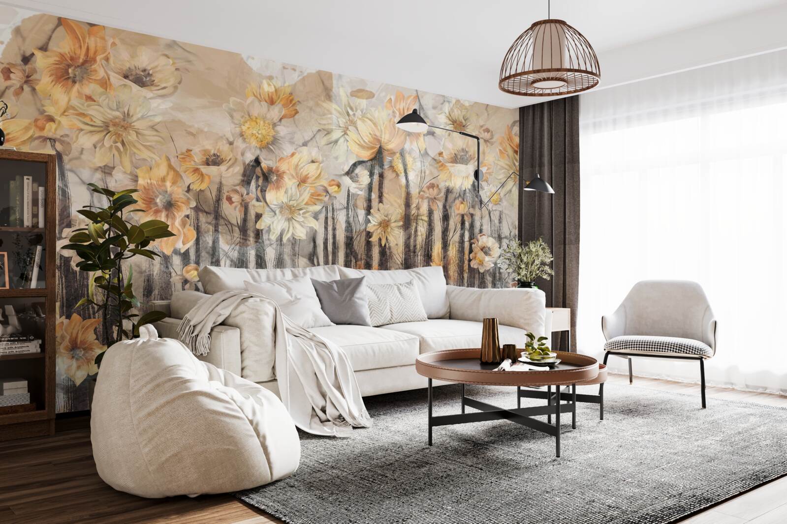 Фотошпалери квіти у вінтажному стилі на сірому тлі