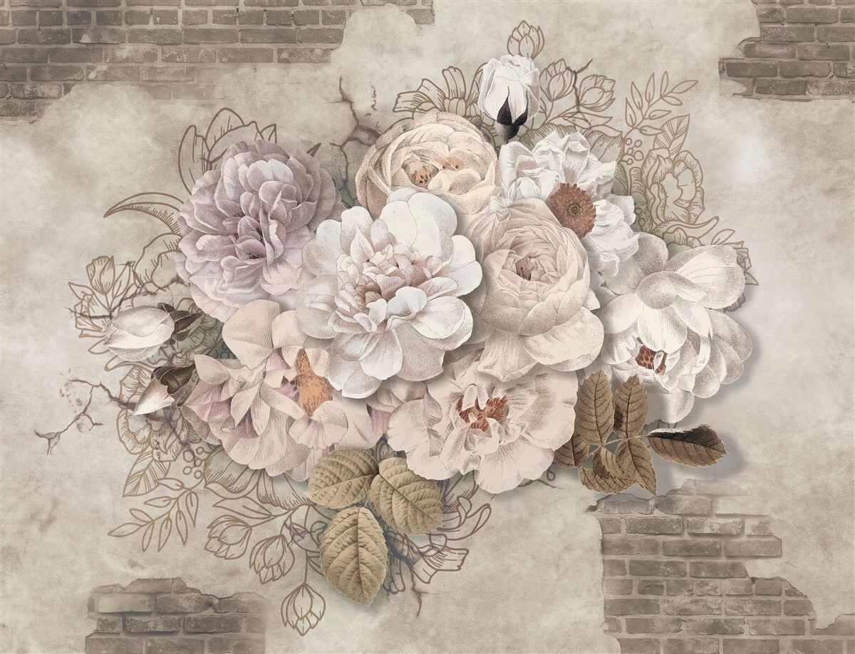 Фотошпалери чудові великі троянди на цегляній стіні